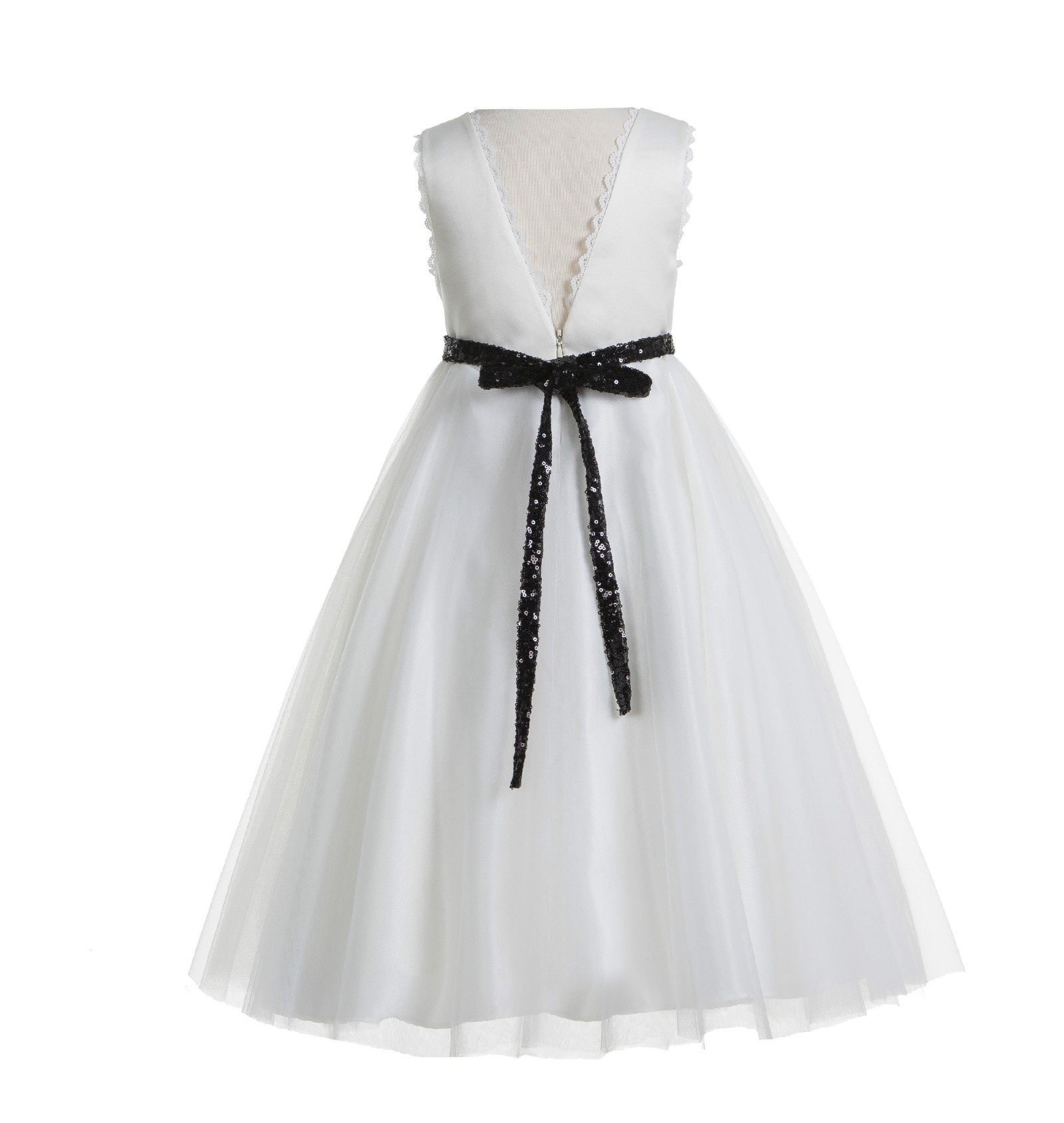 White / Black V-Back Lace Edge Flower Girl Dress 183