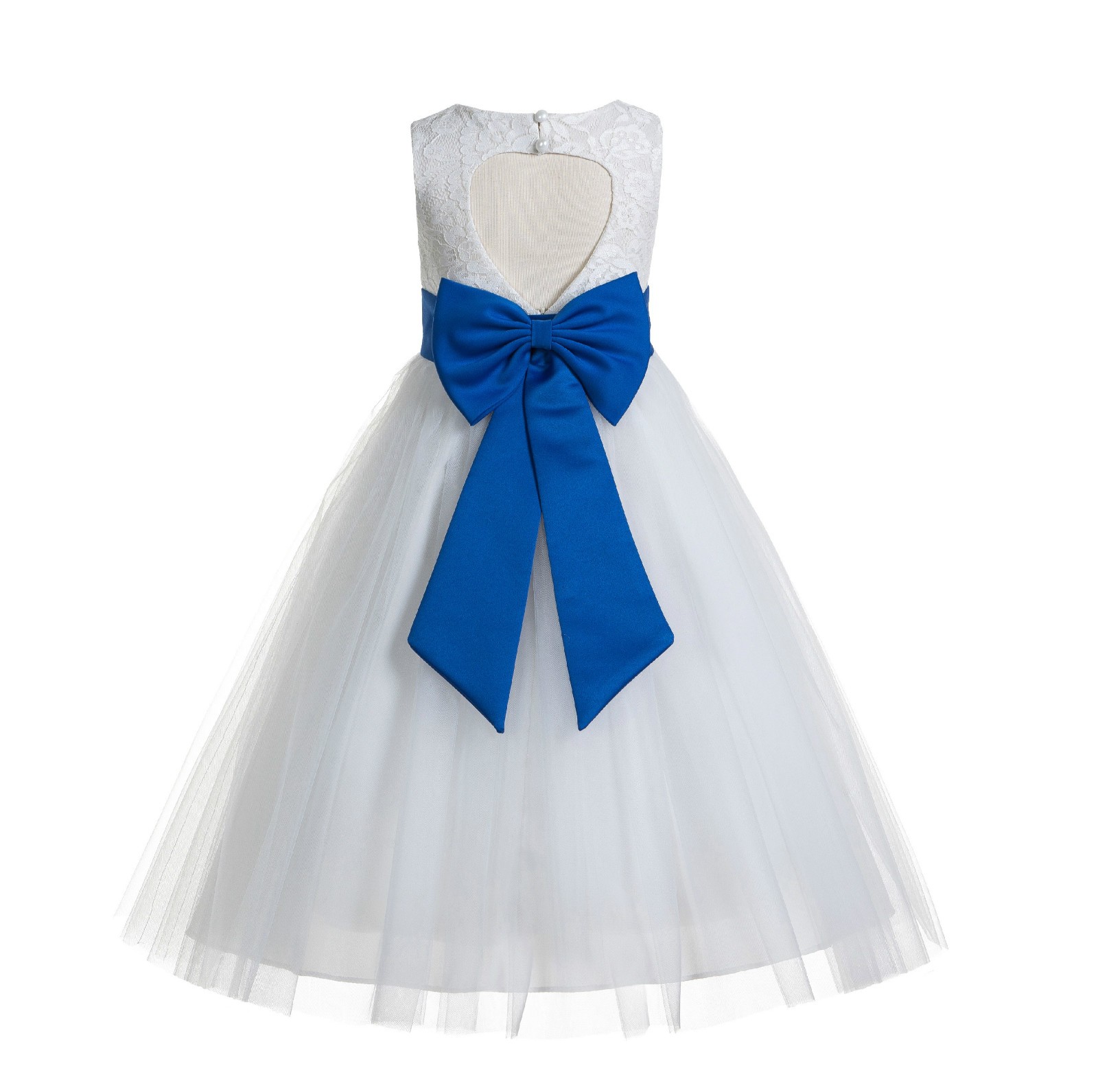 Ivory / Royal Blue Floral Lace Heart Cutout Flower Girl Dress with Flower 172T