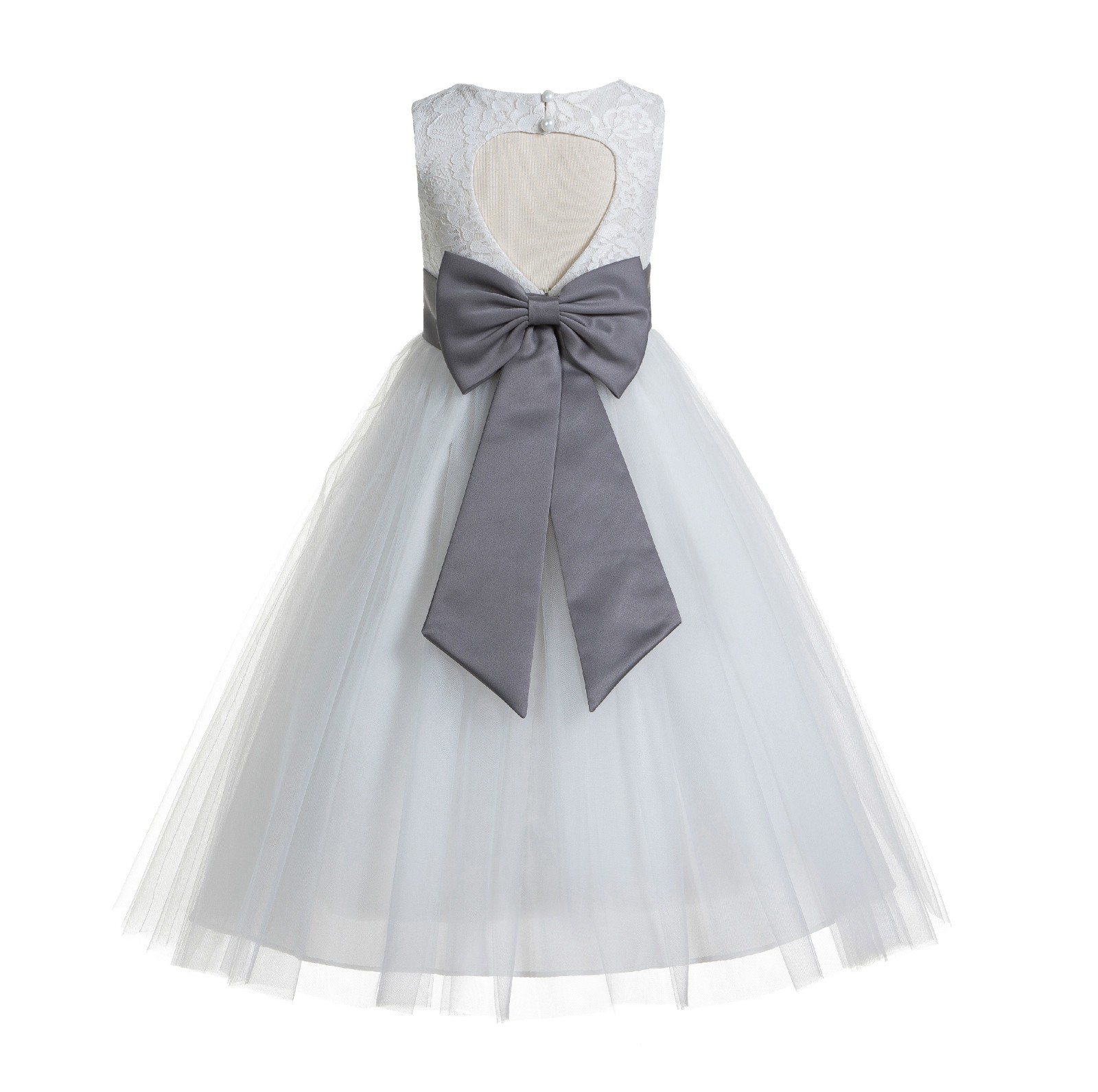 Ivory / Mercury Gray Floral Lace Heart Cutout Flower Girl Dress with Flower 172T