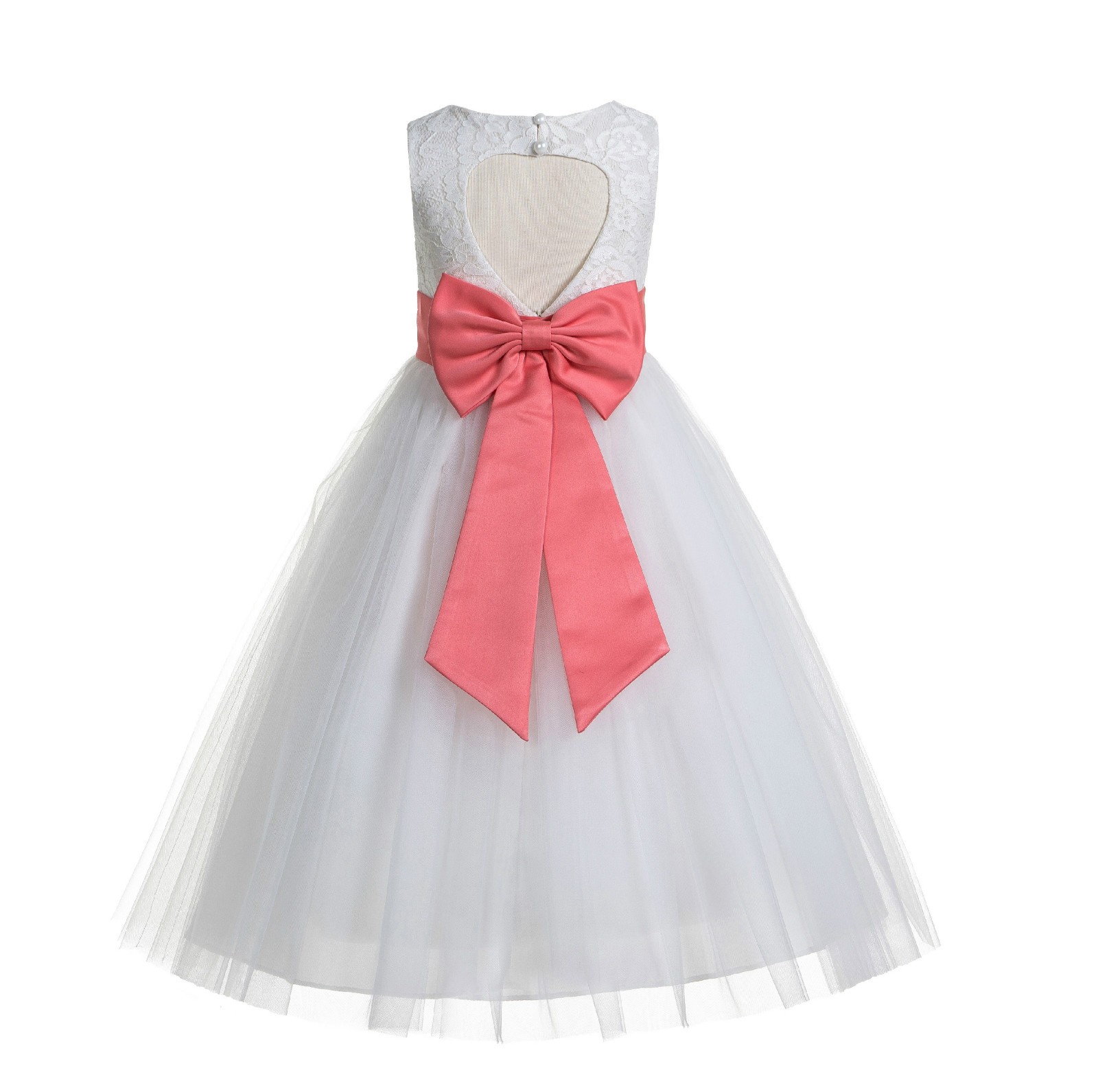 Ivory / Coral Floral Lace Heart Cutout Flower Girl Dress with Flower 172T