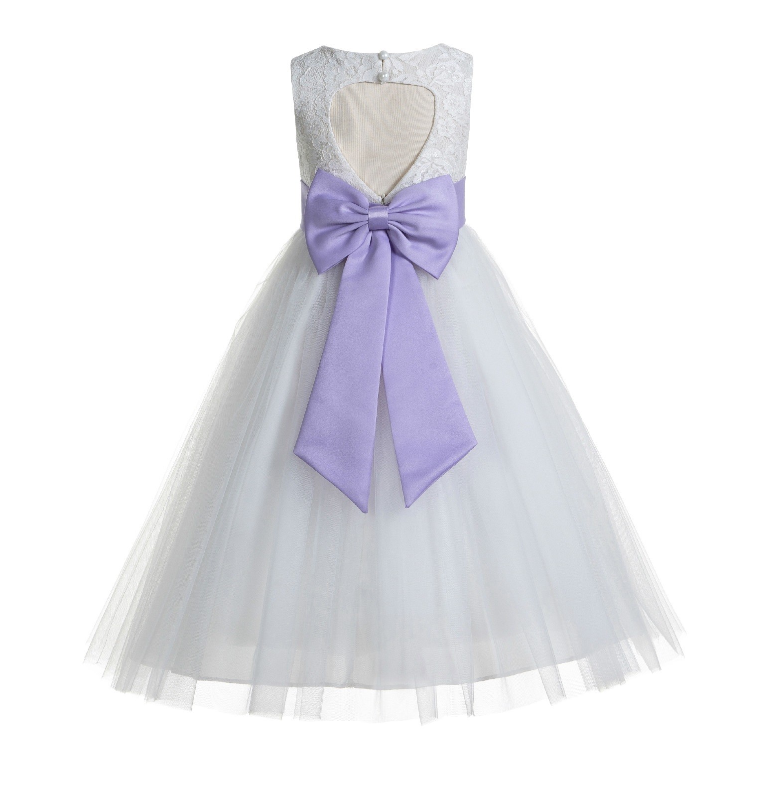 Ivory / Lilac Floral Lace Heart Cutout Flower Girl Dress with Flower 172T