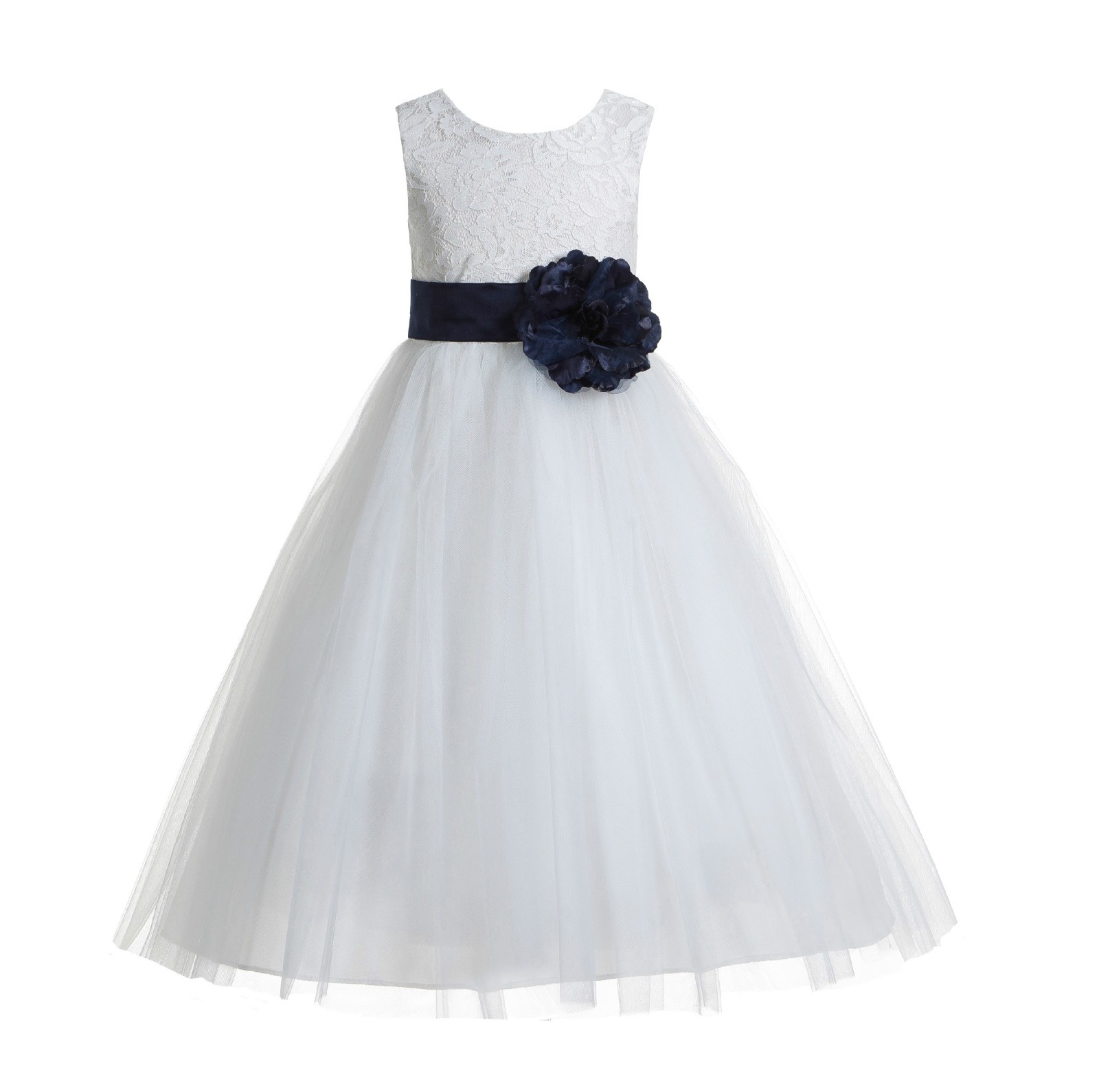 Ivory / Marine Floral Lace Heart Cutout Flower Girl Dress with Flower 172T