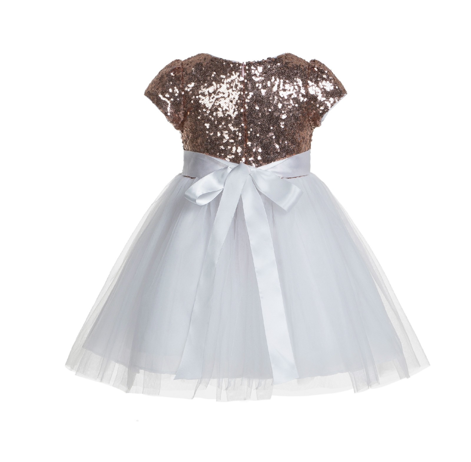Rose Gold / White Cap Sleeves Sequin Flower Girl Dress 175