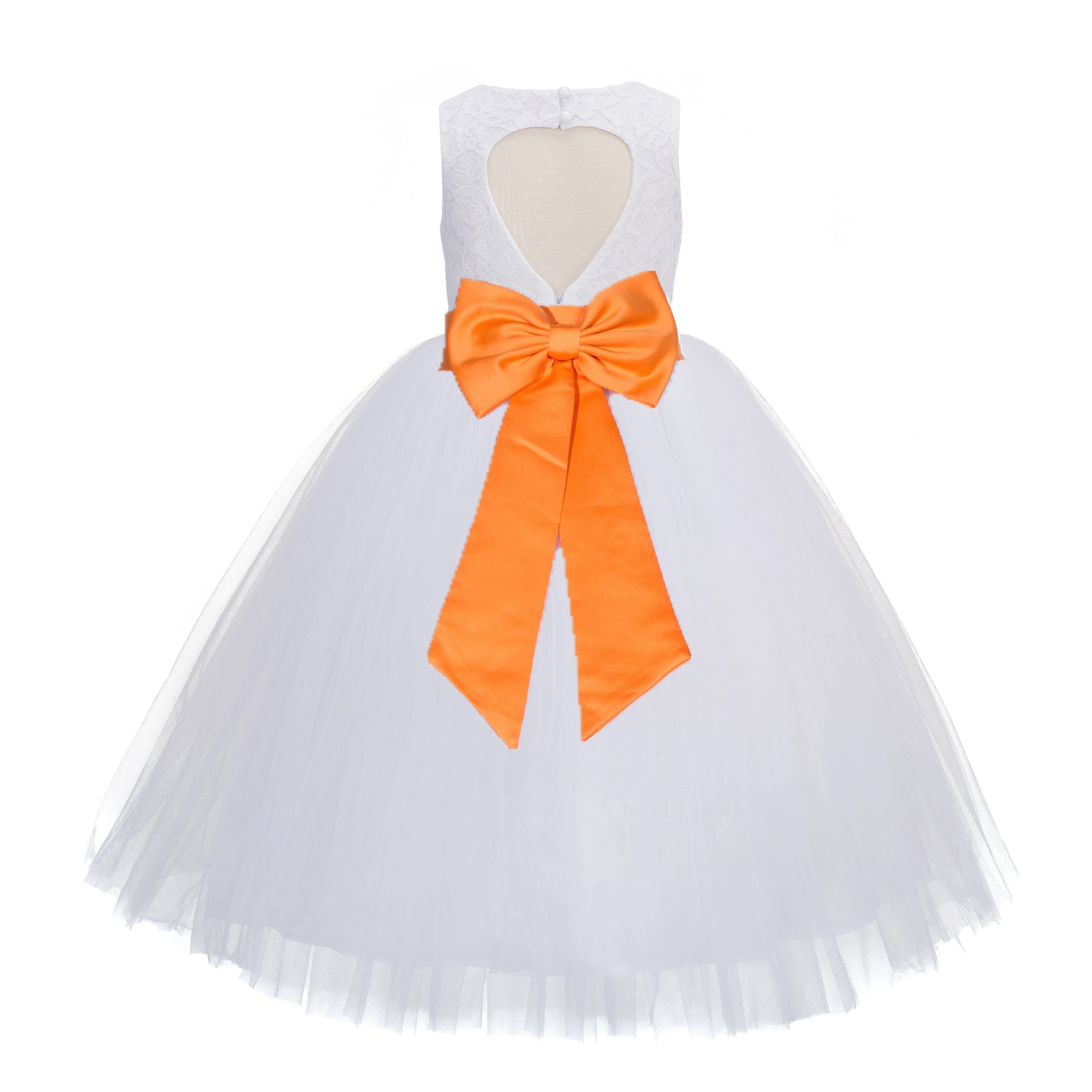 White / Orange Floral Lace Heart Cutout Flower Girl Dress with Flower 172T