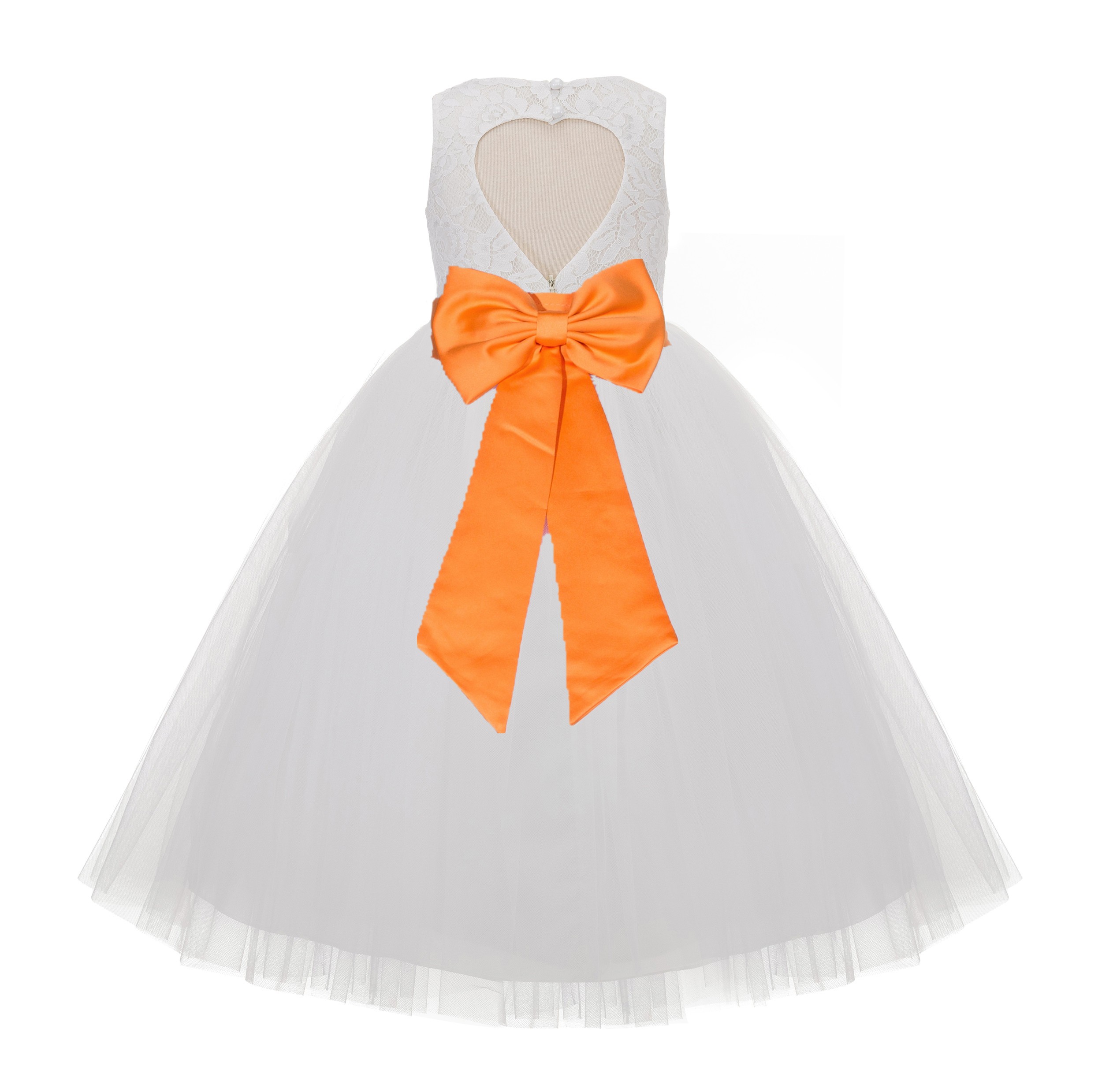 Ivory / Orange Floral Lace Heart Cutout Flower Girl Dress with Flower 172T