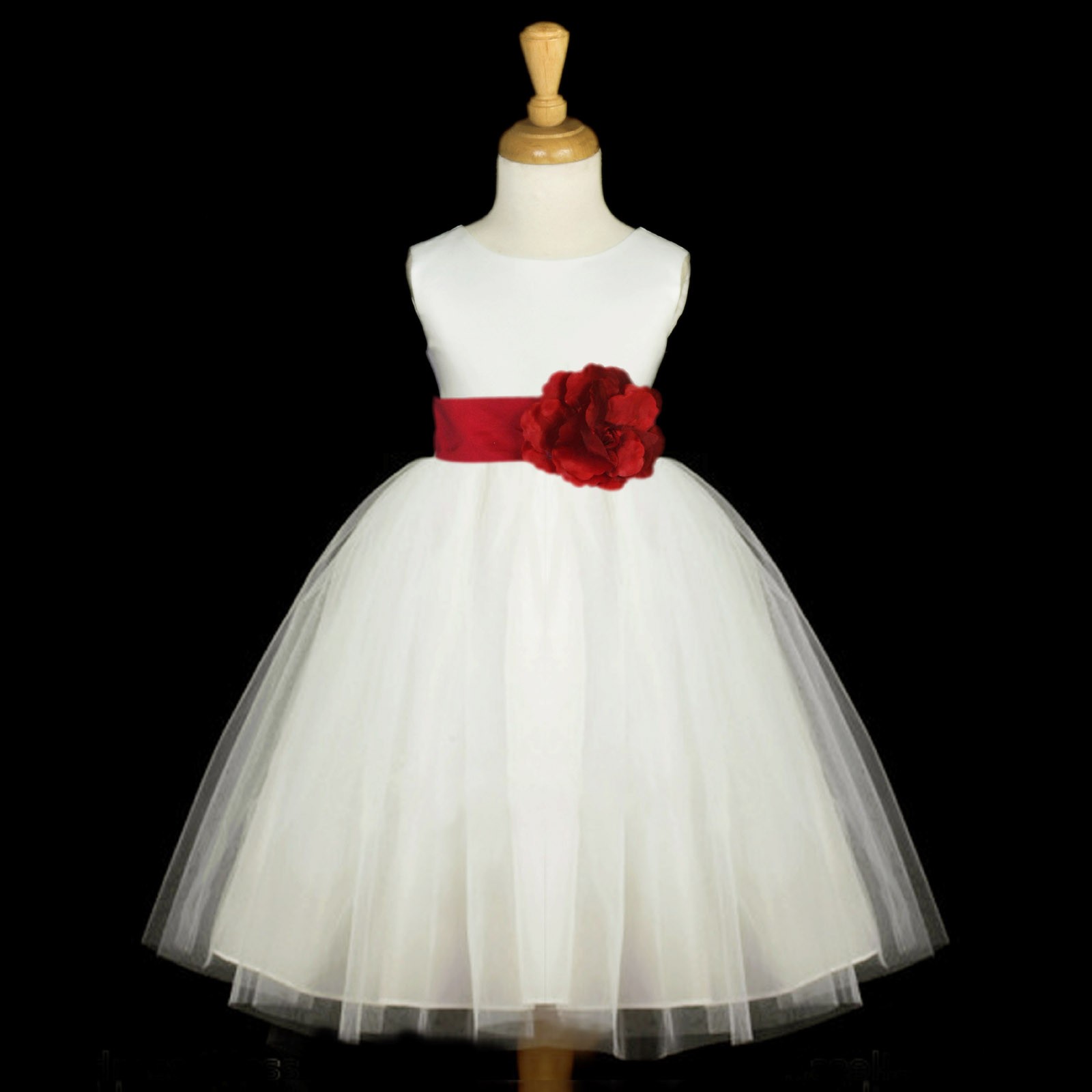 Ivory/Apple Red Satin Tulle Flower Girl Dress Wedding Pageant 831S