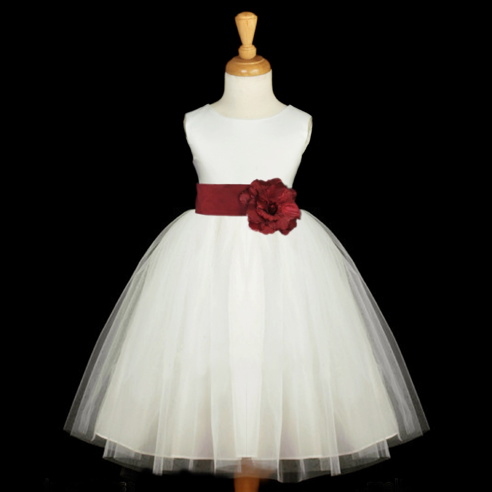 Ivory/Burgundy Satin Tulle Flower Girl Dress Wedding Pageant 831S