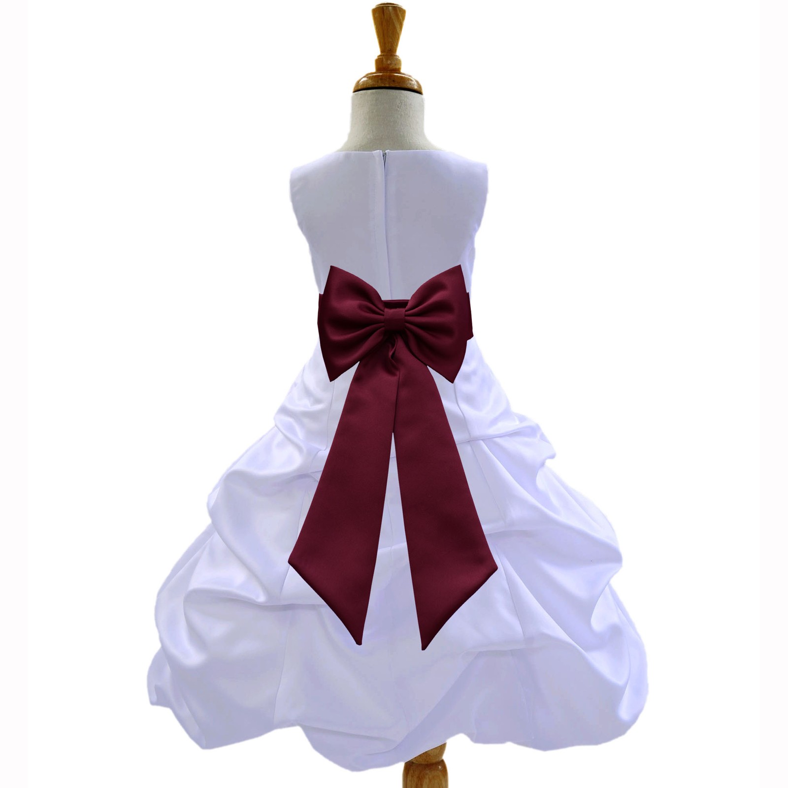 White/Burgundy Satin Pick-Up Bubble Flower Girl Dress Wedding 808T