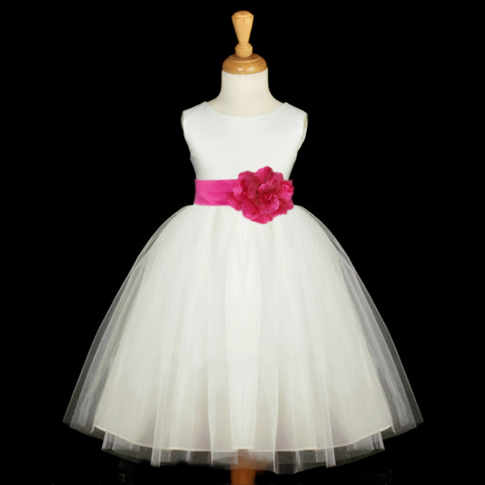 White/Fuchsia Satin Tulle Flower Girl Dress Wedding Pageant 831S