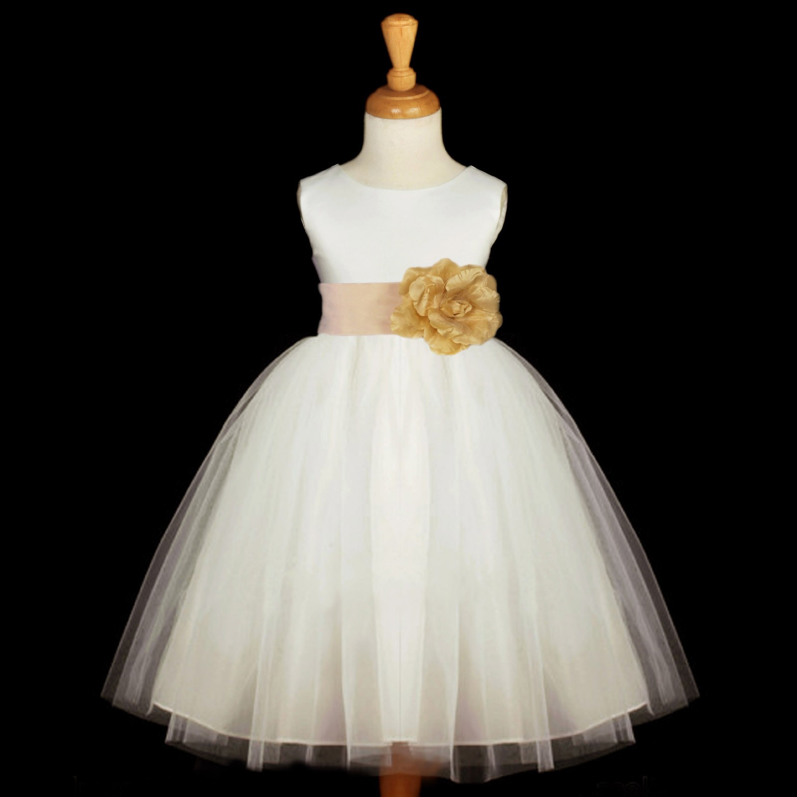 White/Gold Satin Tulle Flower Girl Dress Wedding Pageant 831S