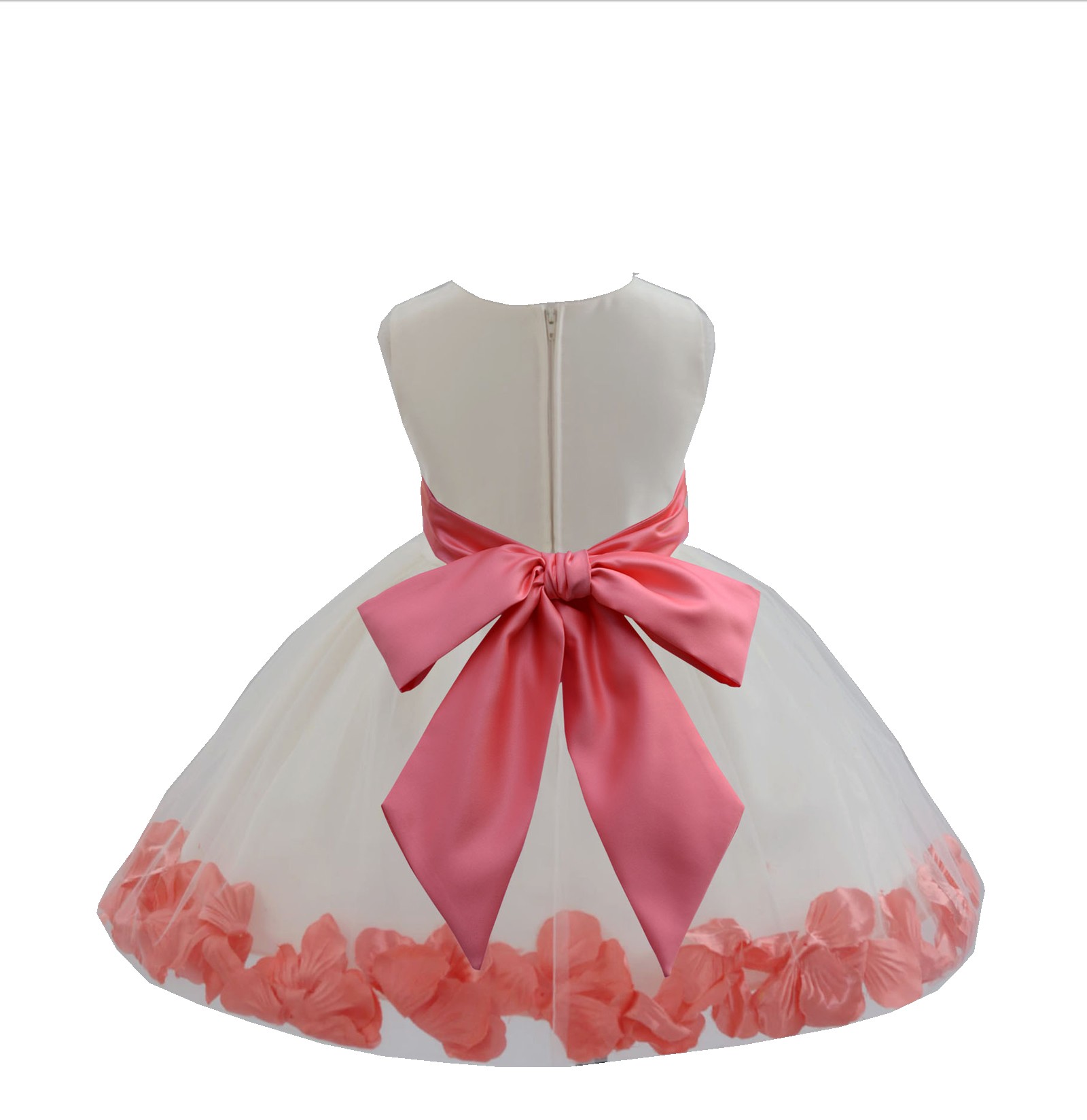 Ivory/Guava Tulle Rose Petals Knee Length Flower Girl Dress 306S