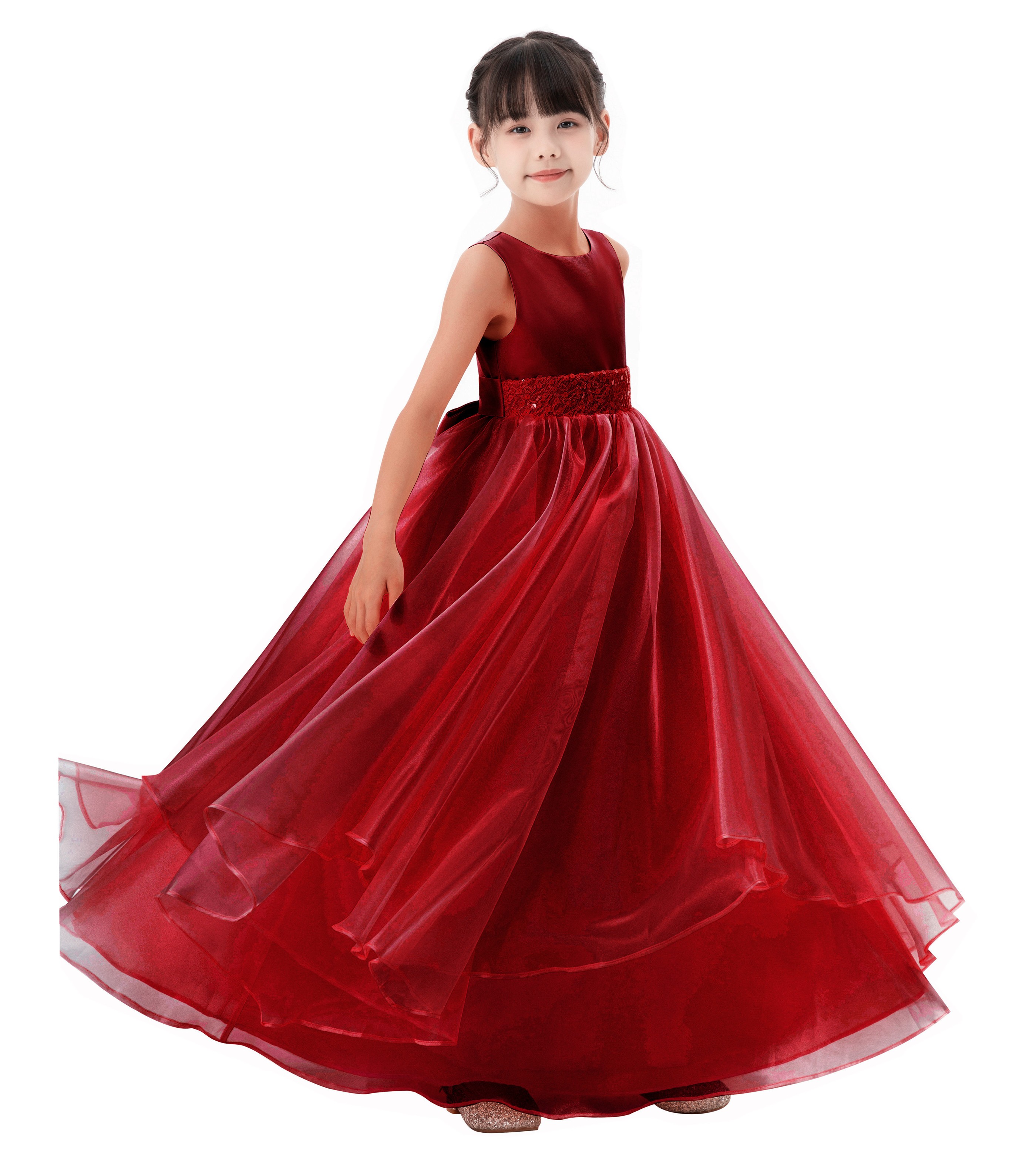 Apple Red Tiered Ruffle Organza Flower Girl Dress Seq1