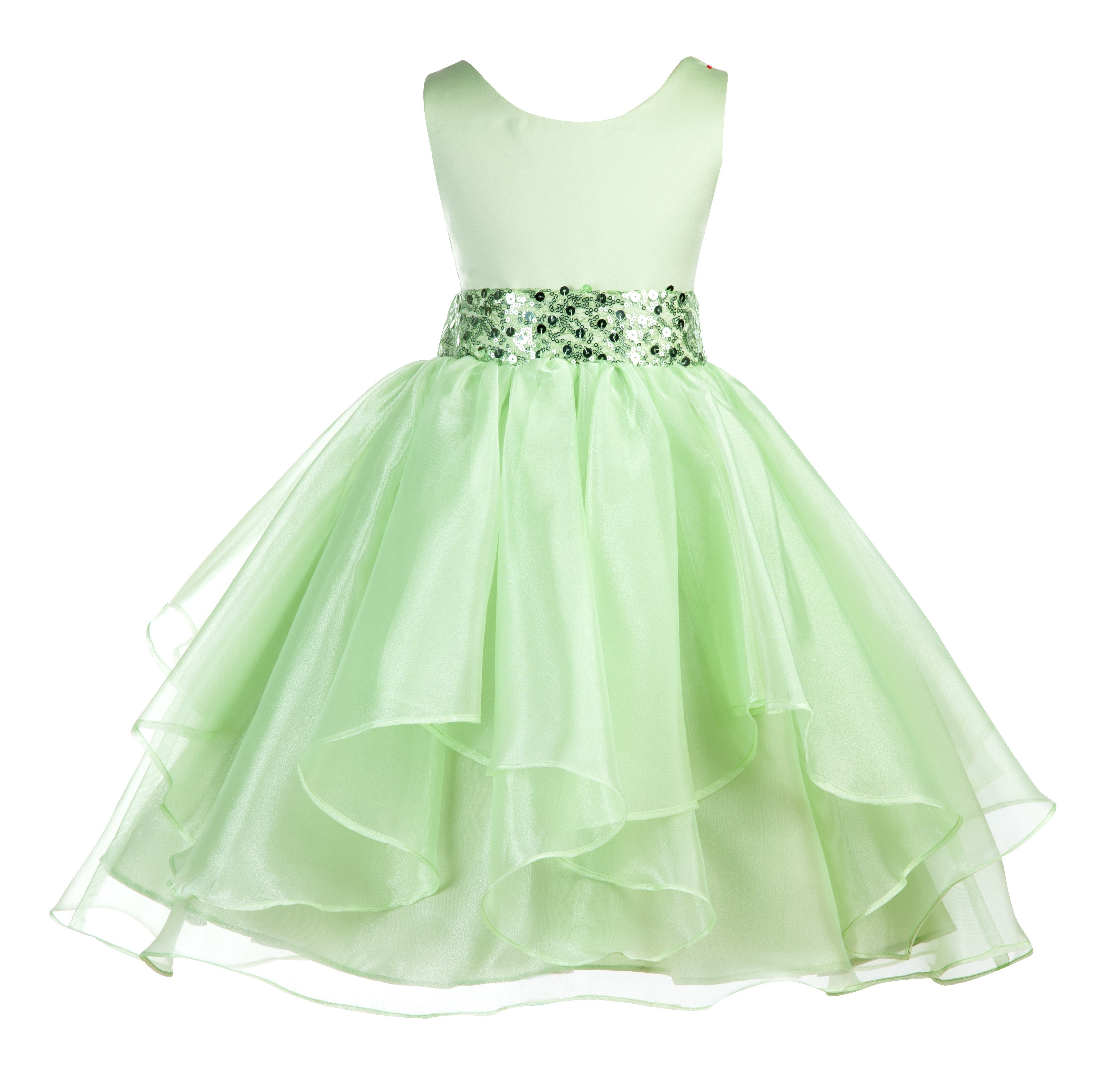 Apple Green Asymmetric Ruffled Organza Sequin Flower Girl Dress 012S