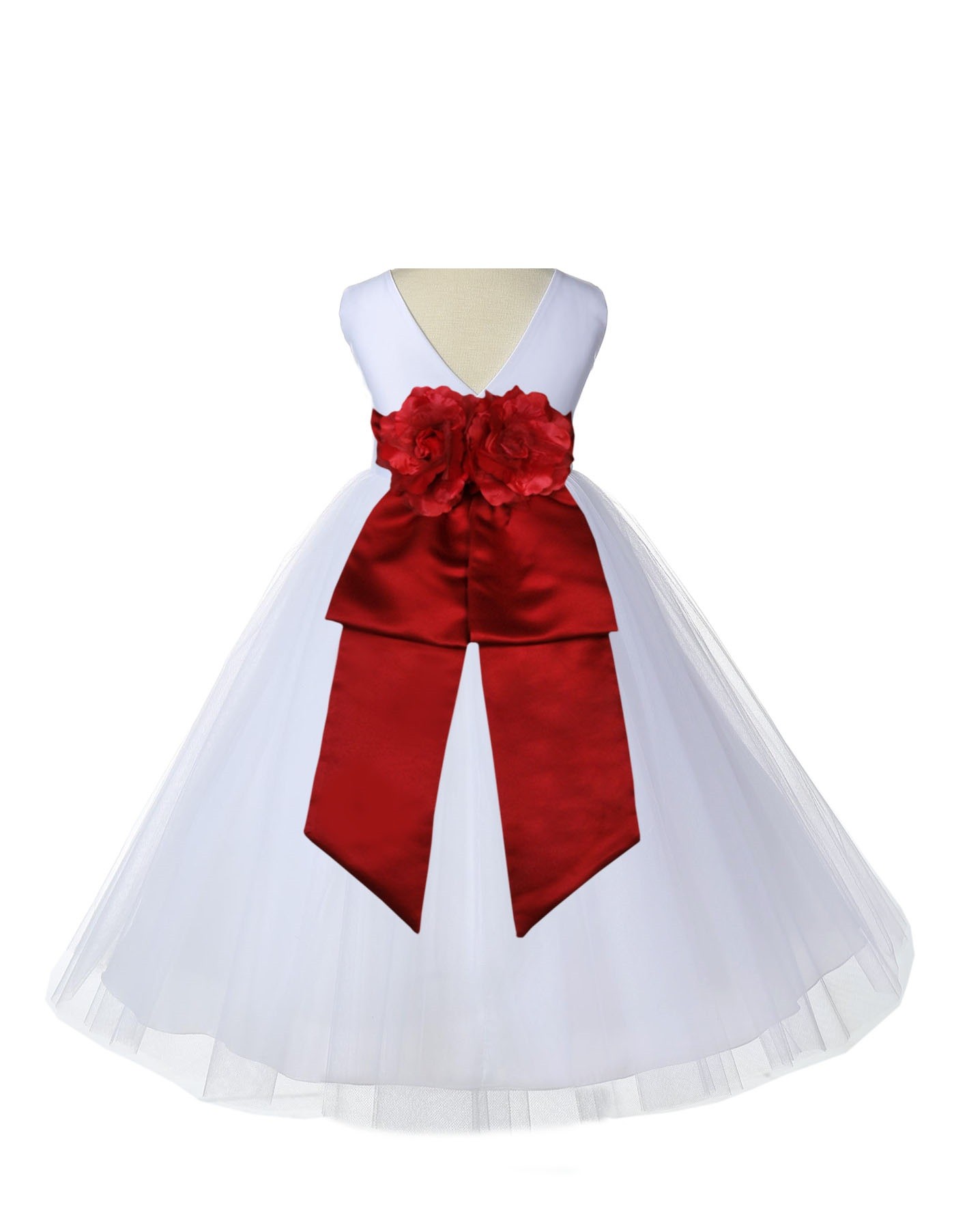 V-Neck Tulle White/Apple Red Flower Girl Dress Wedding Pageant 108