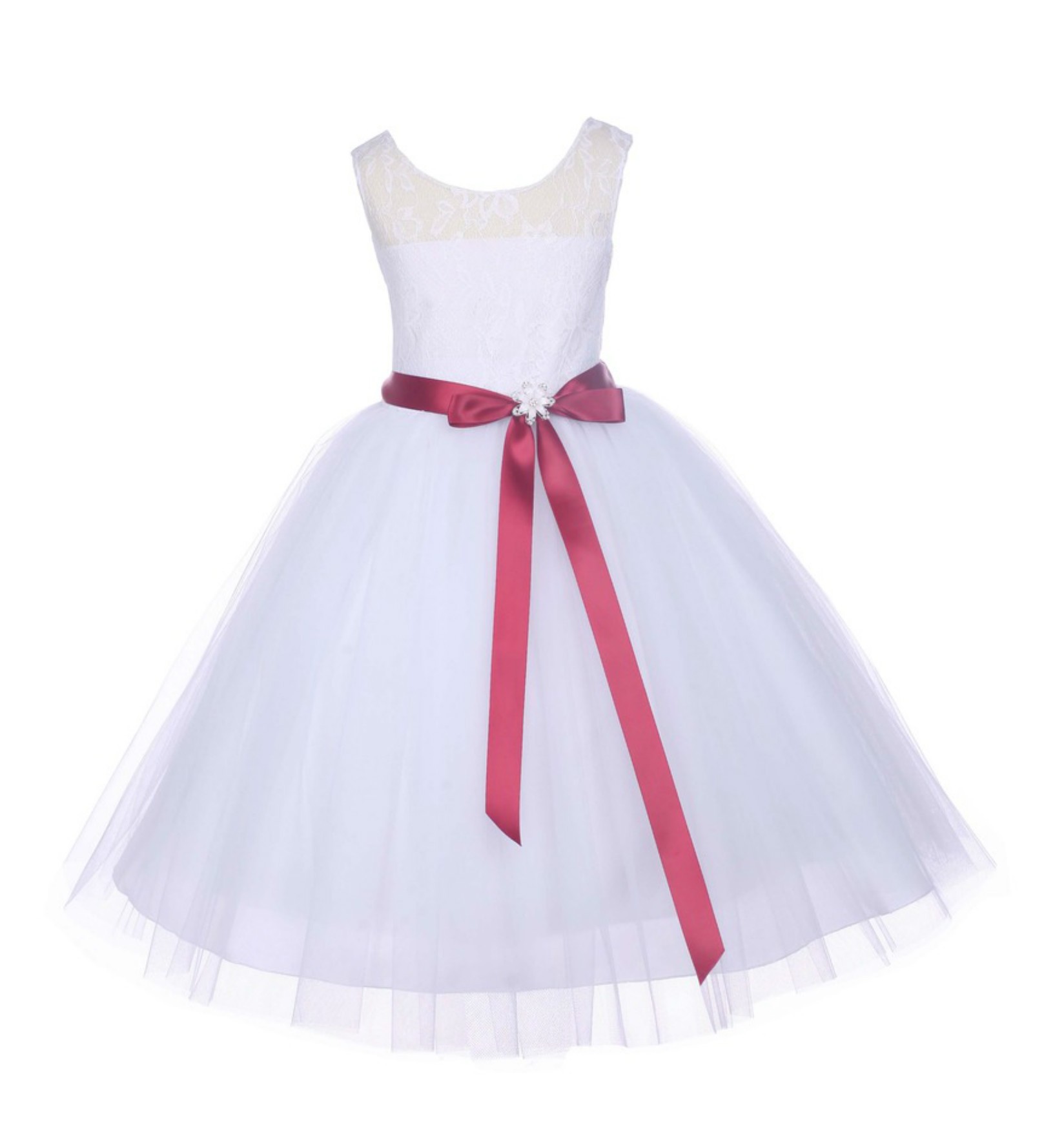 White Floral Lace Bodice Tulle Apple Red Ribbon Flower Girl Dress 153R