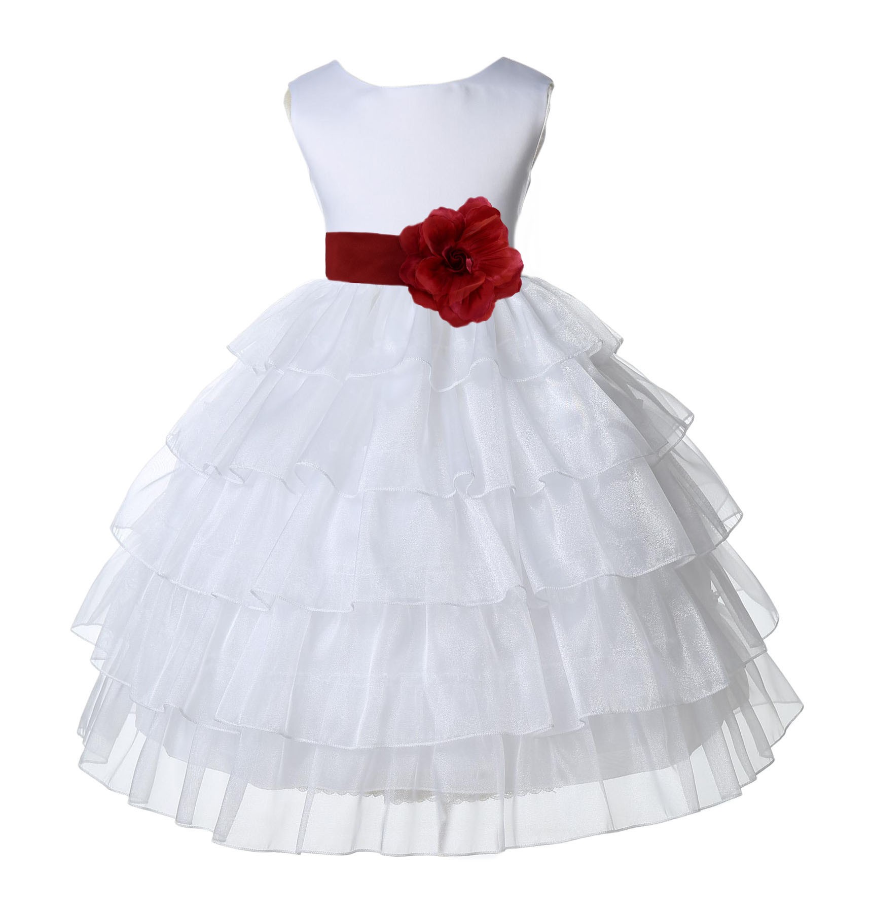 White/Apple Red Satin Shimmering Organza Flower Girl Dress Pageant 308T