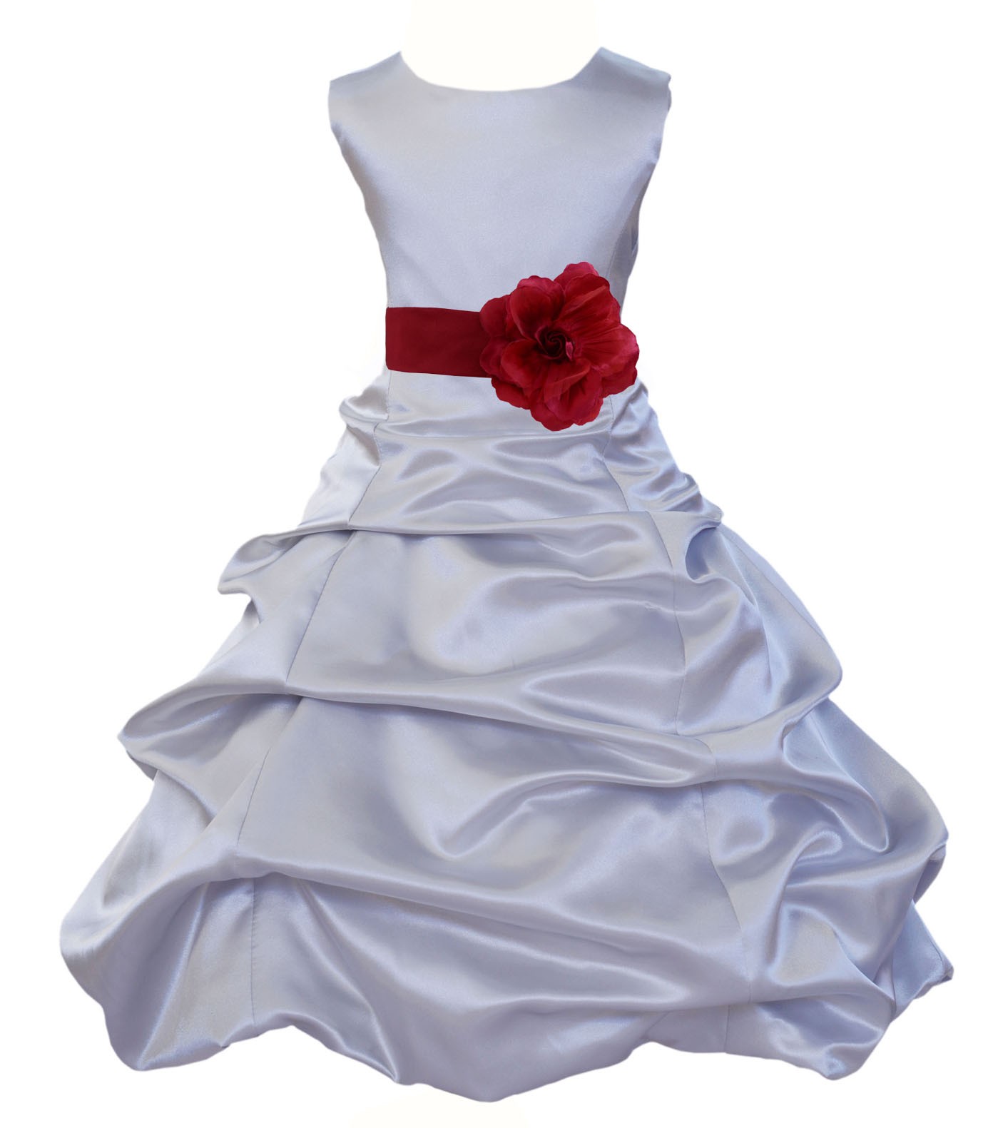 Silver/Apple Red Satin Pick-Up Bubble Flower Girl Dress Stylish 808T