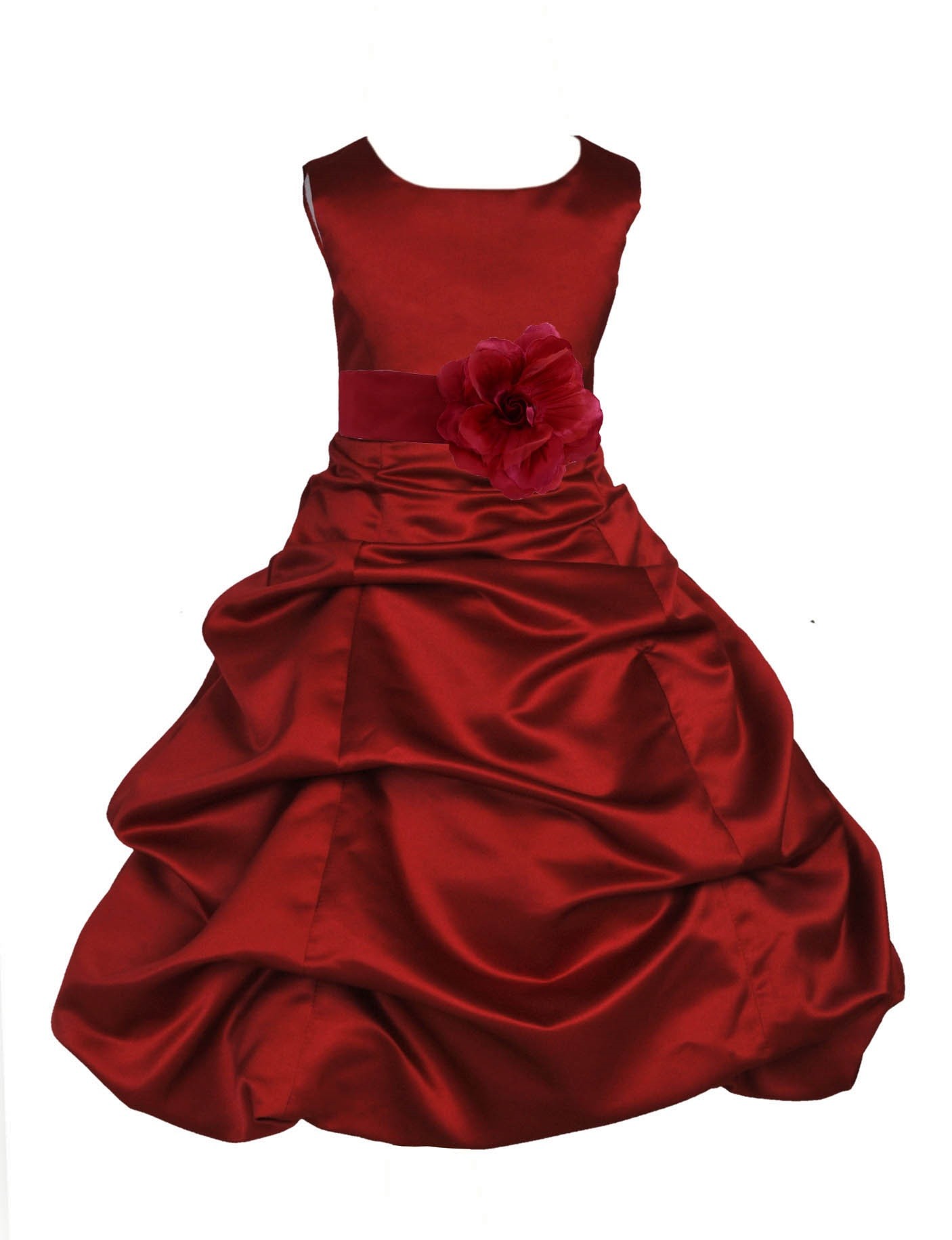 Apple Red Matching Satin Pick-Up Bubble Flower Girl Dress 808T