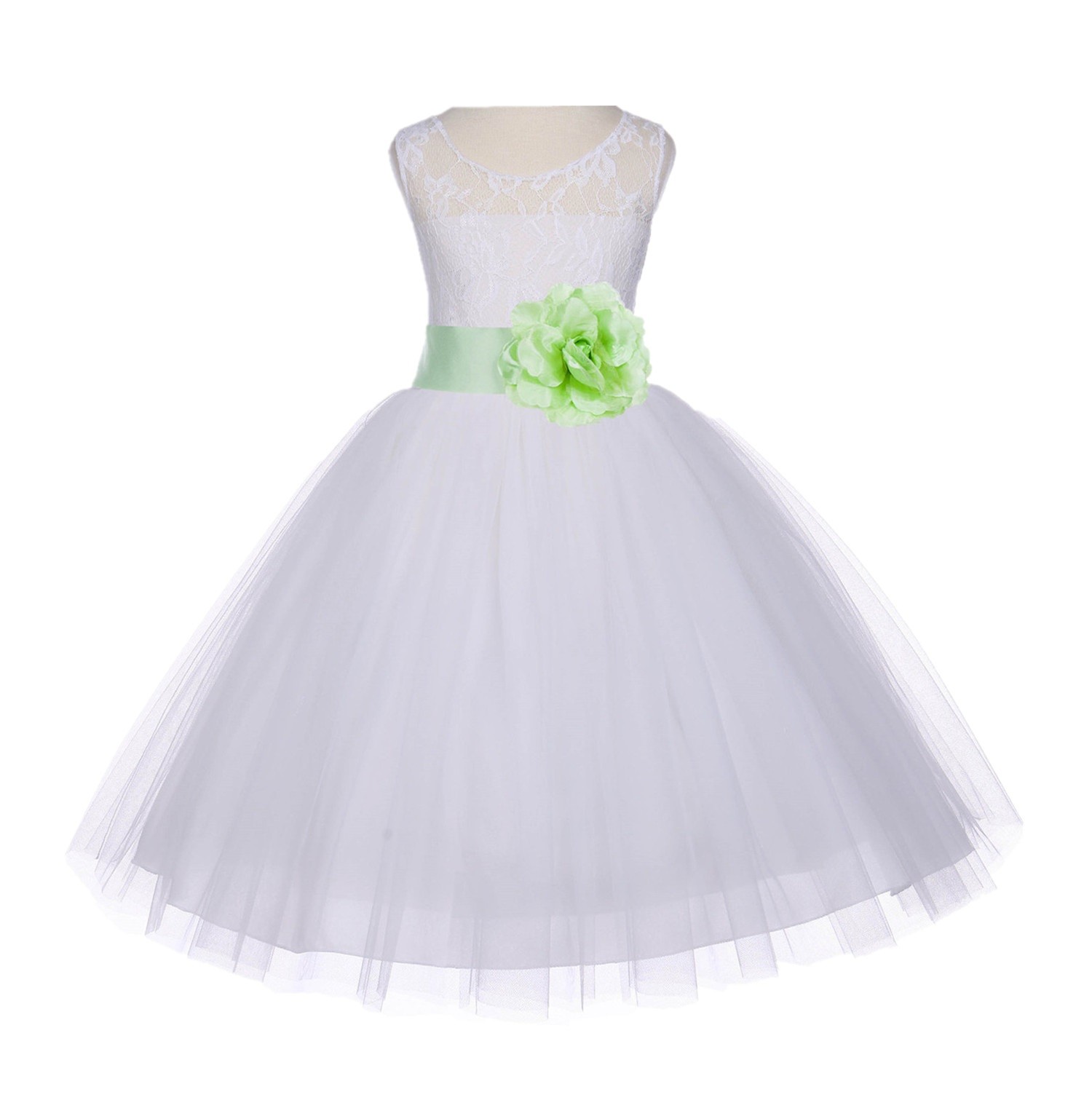 Ivory/Apple Green Floral Lace Bodice Tulle Flower Girl Dress Bridesmaid 153S