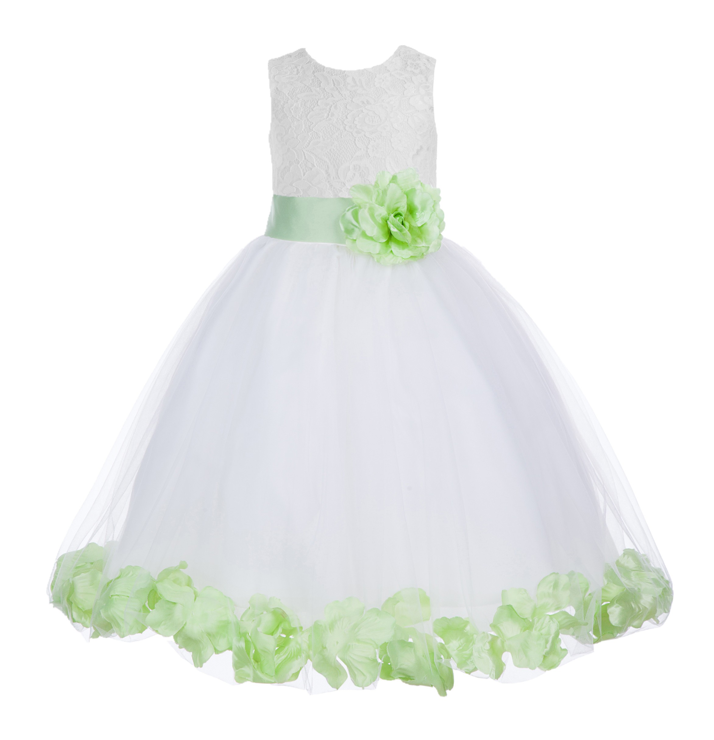 White / Apple Green Floral Lace Heart Cutout Flower Girl Dress with Petals 185T