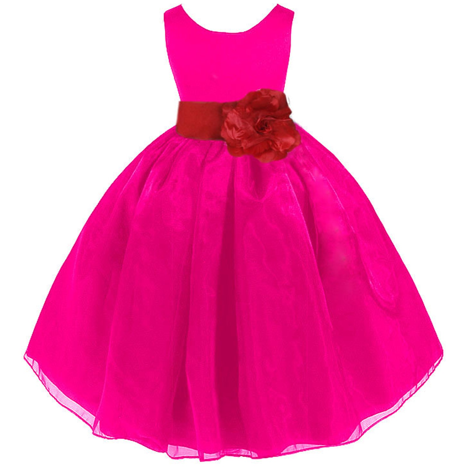 Fuchsia/Apple Red Satin Bodice Organza Skirt Flower Girl Dress 841T