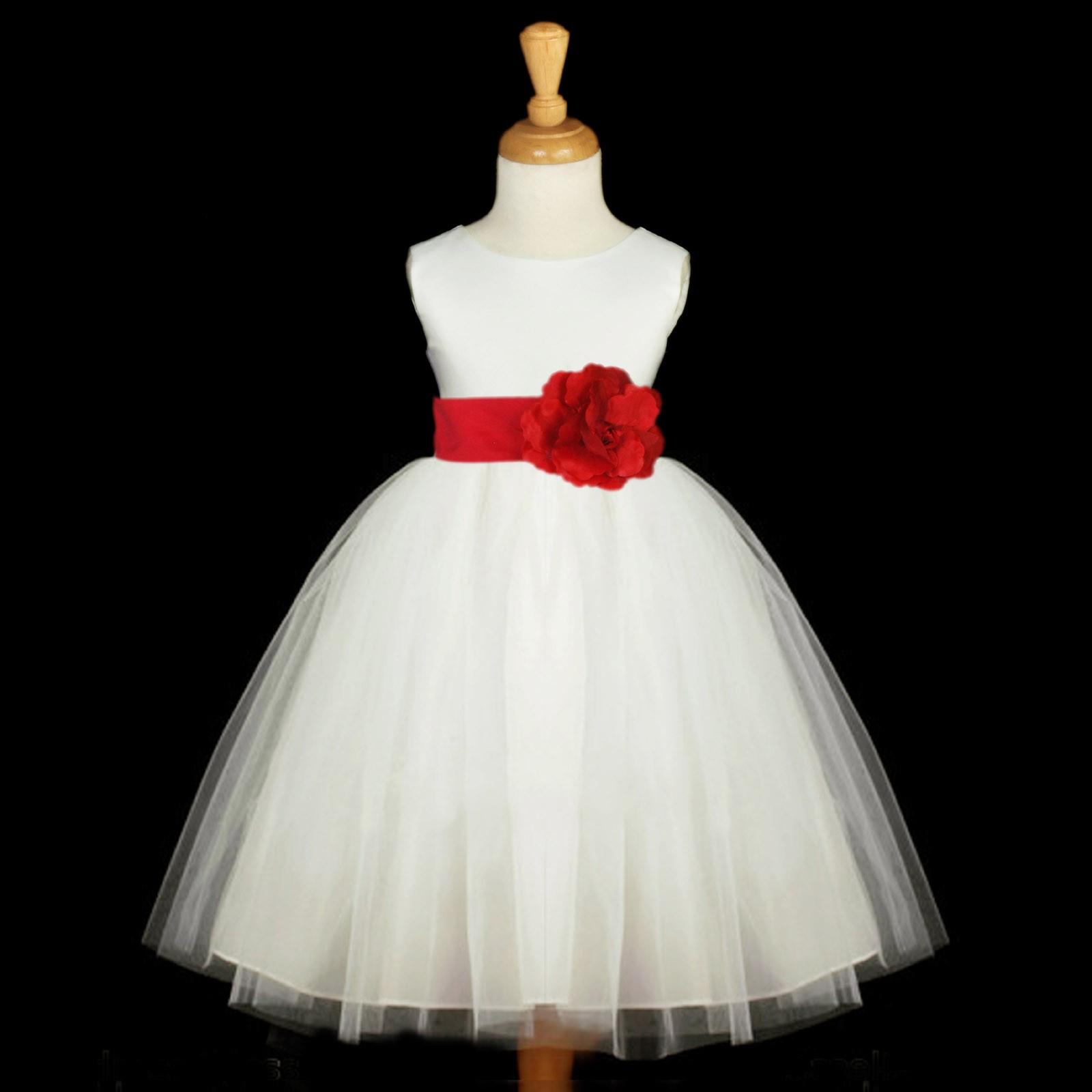 White/Red Satin Tulle Flower Girl Dress Wedding Pageant 831S
