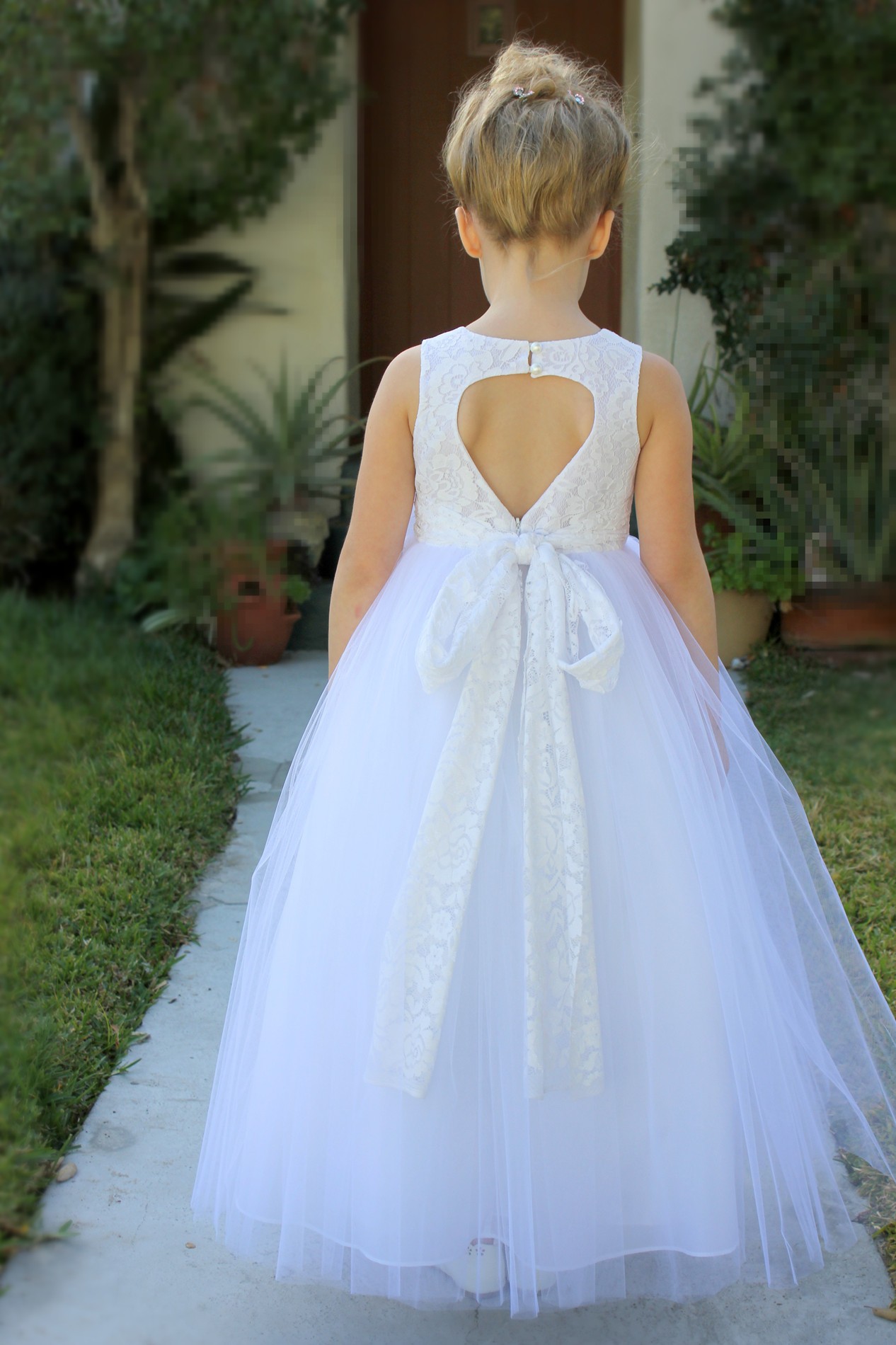 White Floral Lace Heart Cutout Flower Girl Dress 172