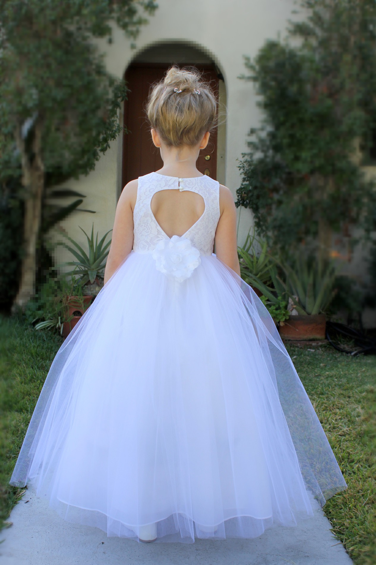 White Floral Lace Heart Cutout Flower Girl Dress with Flower 172F