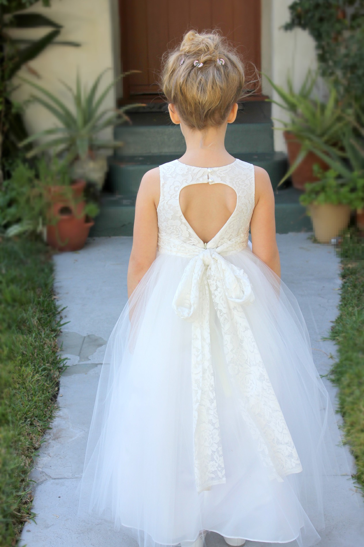 Ivory Floral Lace Heart Cutout Flower Girl Dress 172