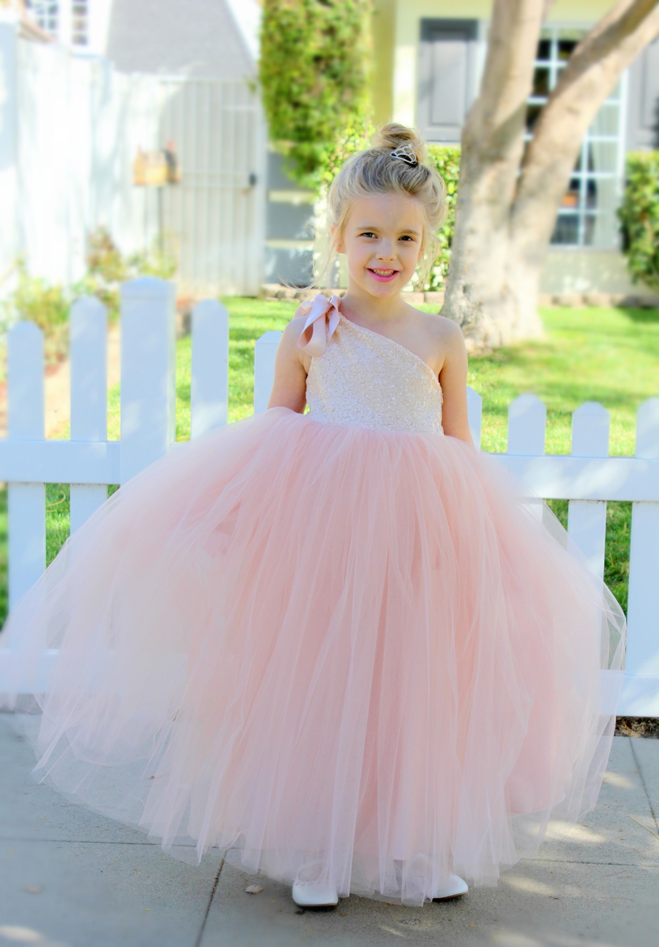Blush Pink One-Shoulder Sequins Tutu Flower Girl Dress 182