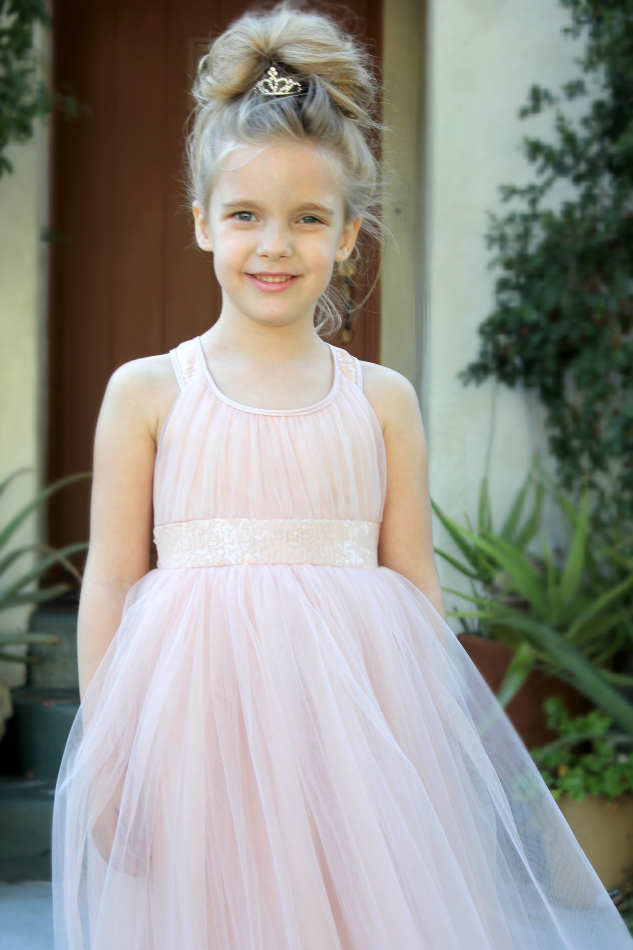 Blush Pink Sequin Tulle Dress Crossed Straps A-Line Flower Girl Dress 173