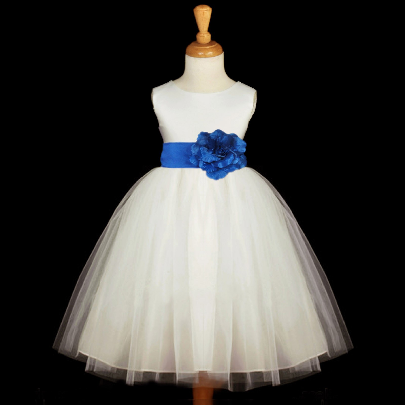White/Royal Blue Satin Tulle Flower Girl Dress Wedding Pageant 831S