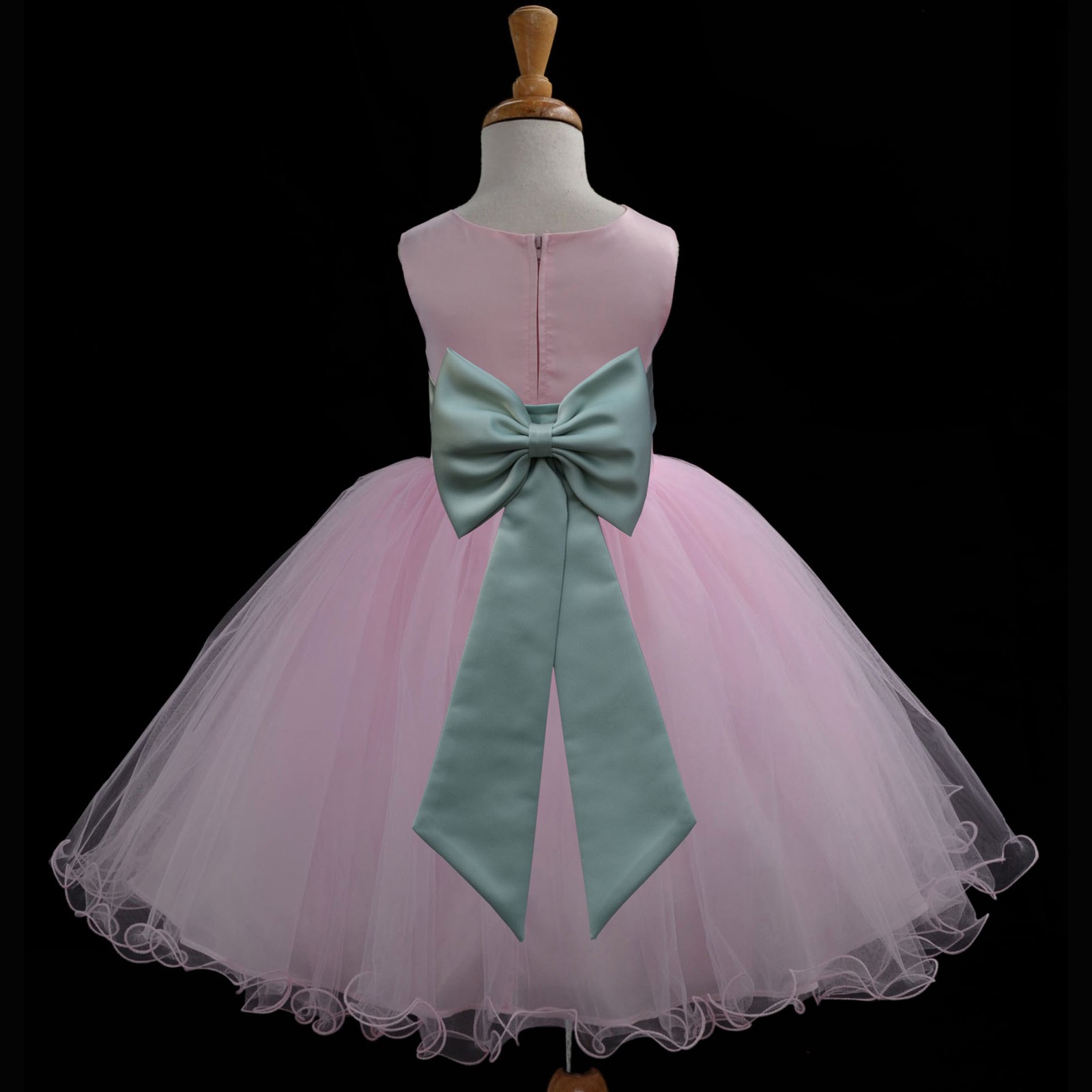 Pink/Sage Tulle Rattail Edge Flower Girl Dress Fairy Princess 829T