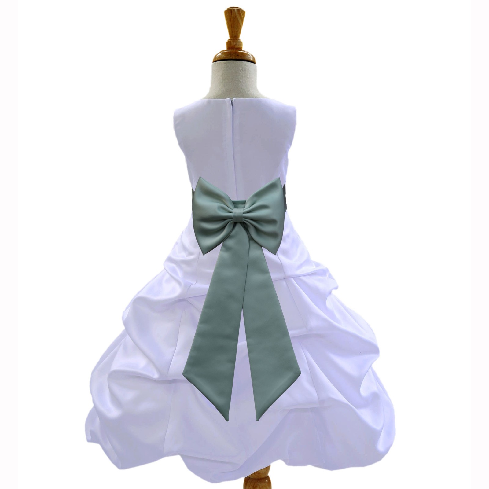 White/Sage Satin Pick-Up Bubble Flower Girl Dress Wedding 808T