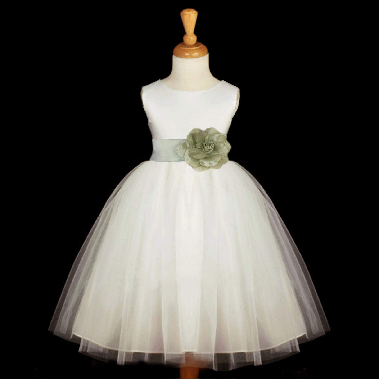 Ivory/Sage Satin Tulle Flower Girl Dress Wedding Pageant 831S