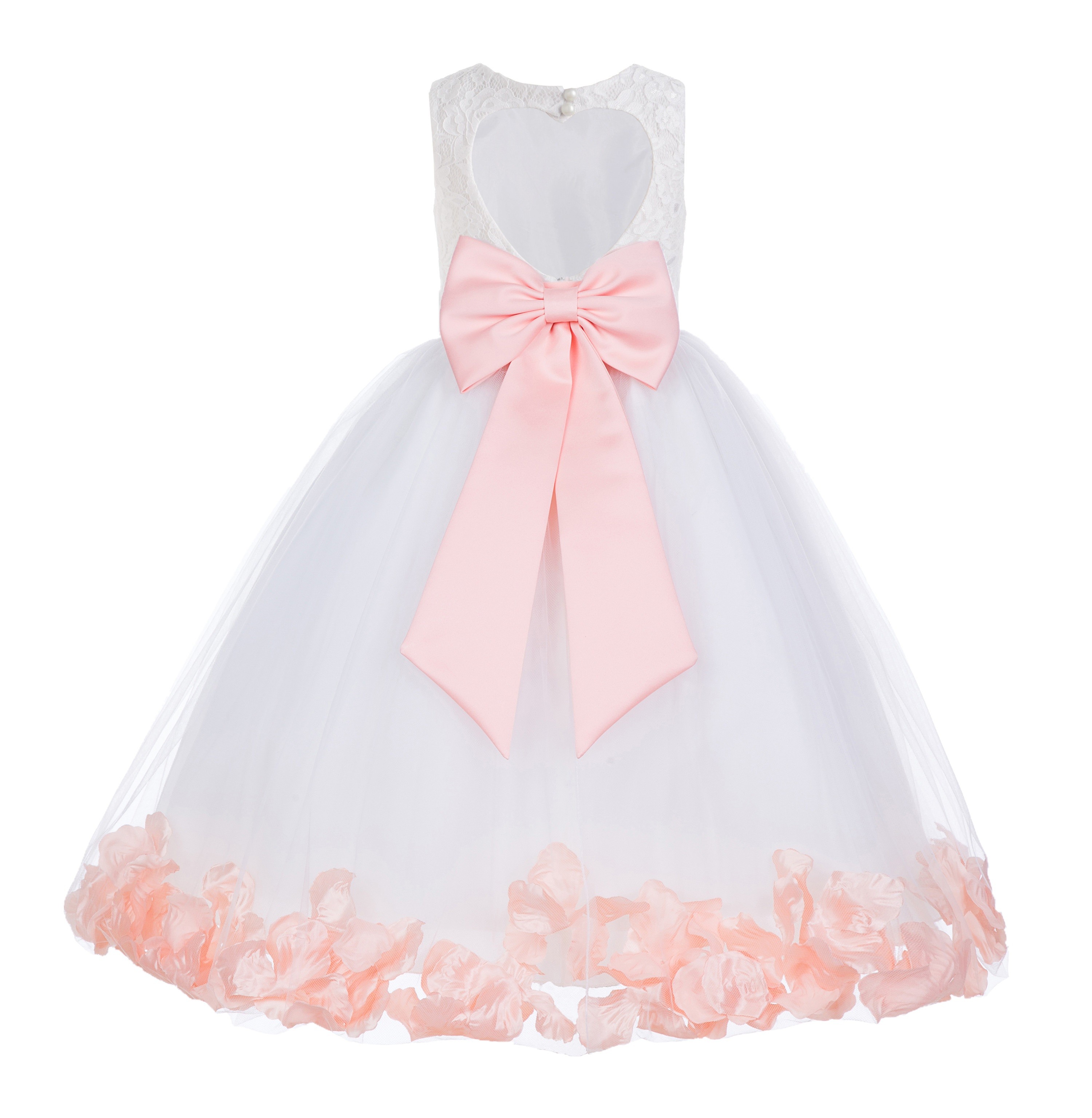 White / Peach Floral Lace Heart Cutout Flower Girl Dress with Petals 185T