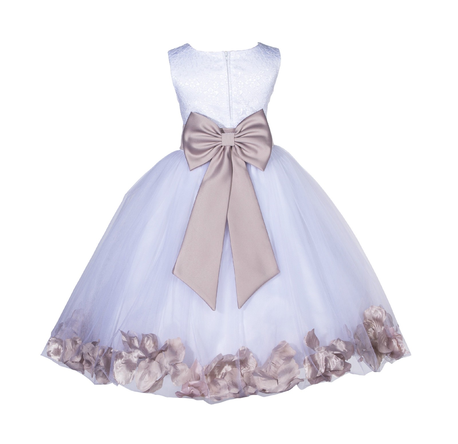 White/Biscotti Lace Top Tulle Floral Petals Flower Girl Dress 165T