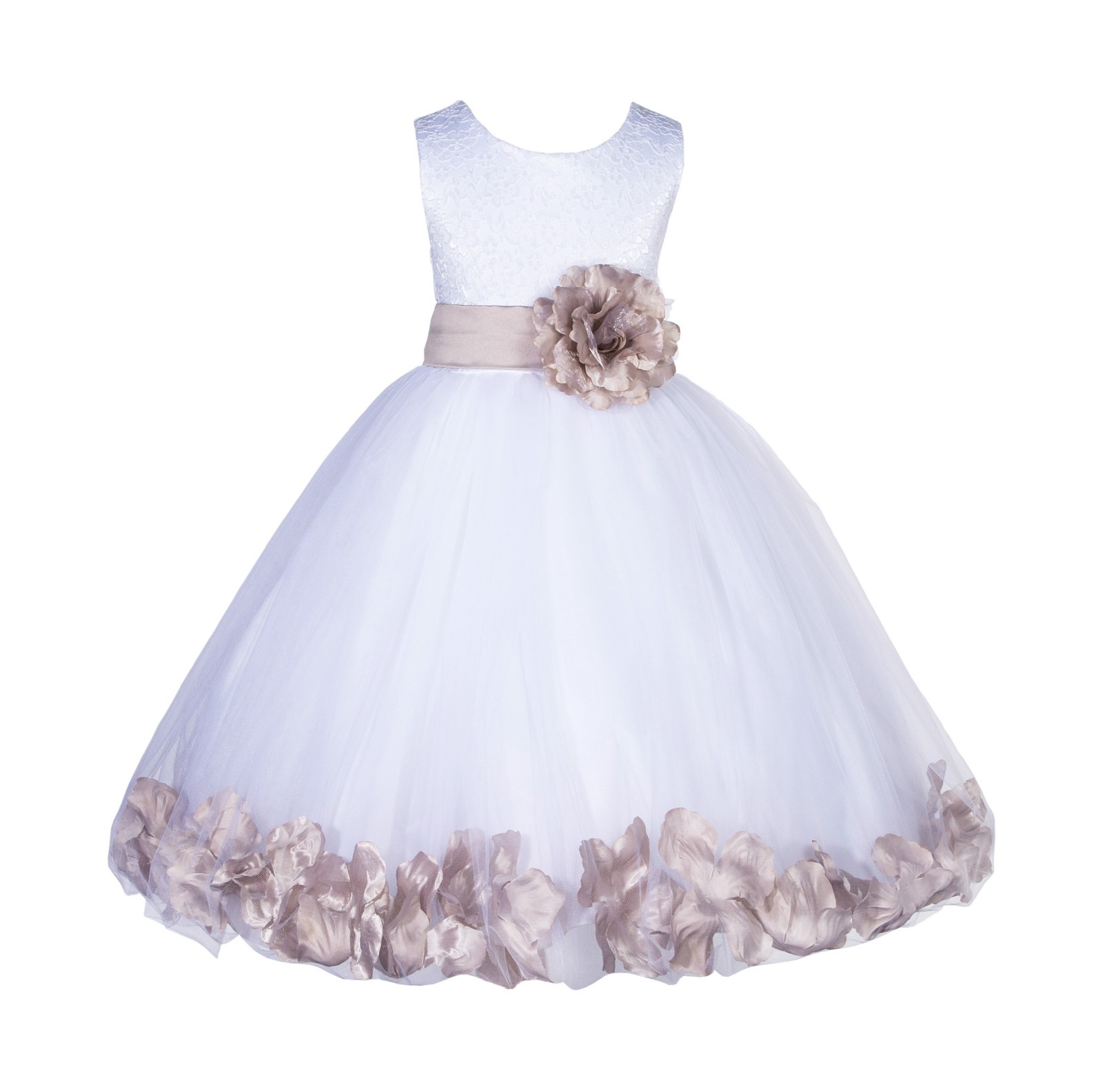 White/Biscotti Lace Top Tulle Floral Petals Flower Girl Dress 165S