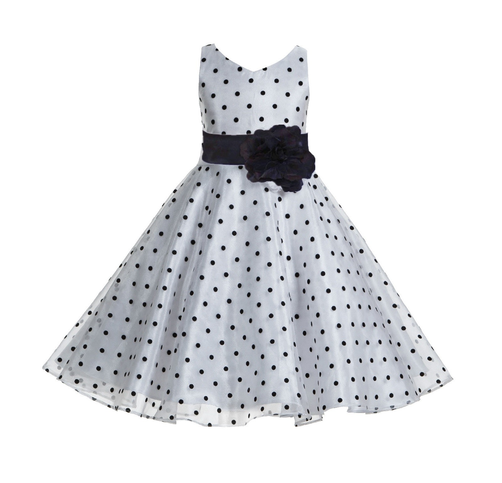 White / Black / Black Organza Polka Dot V-Neck Flower Girl Dress 184T