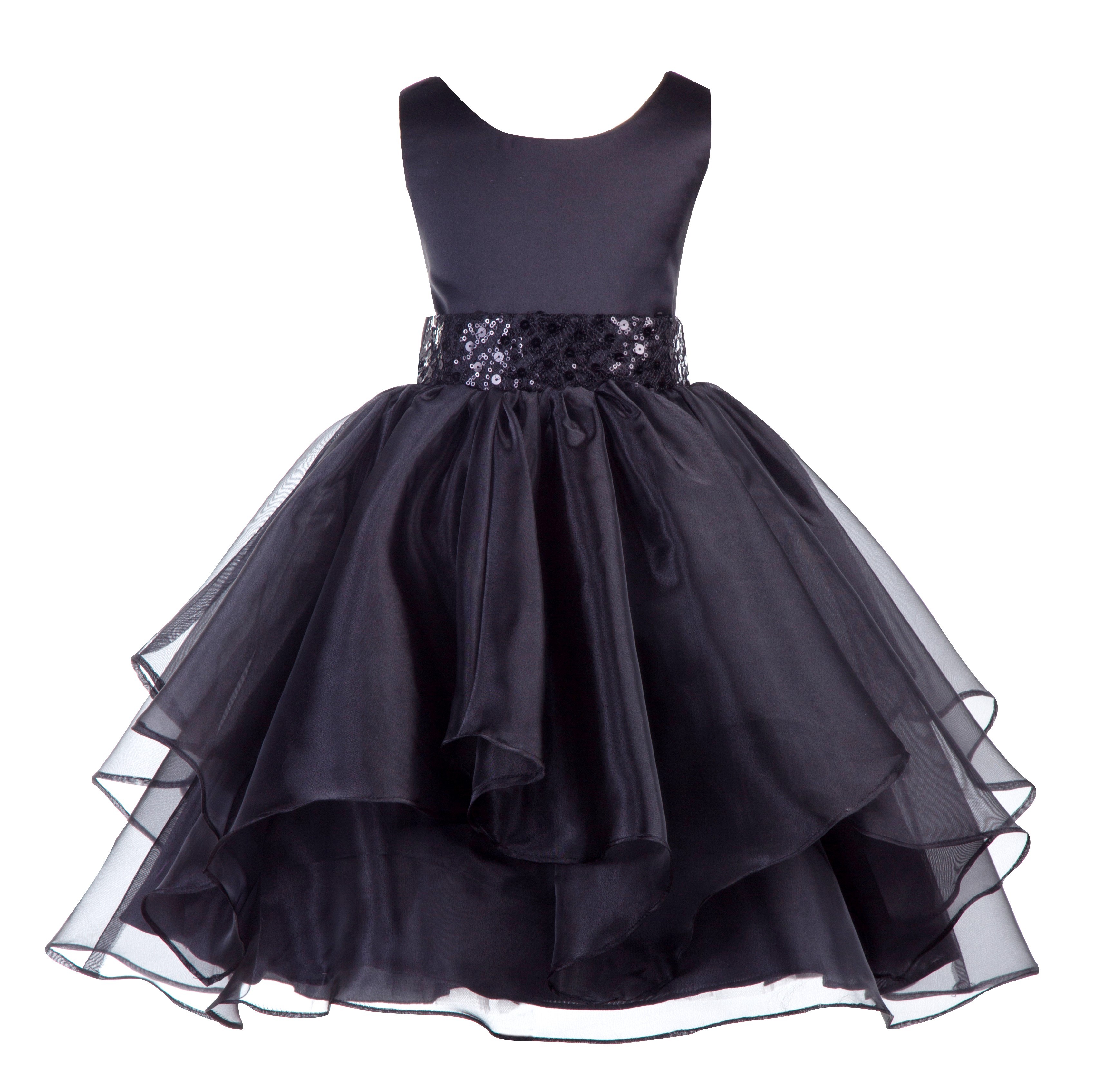 Black Asymmetric Ruffled Organza Sequin Flower Girl Dress 012S