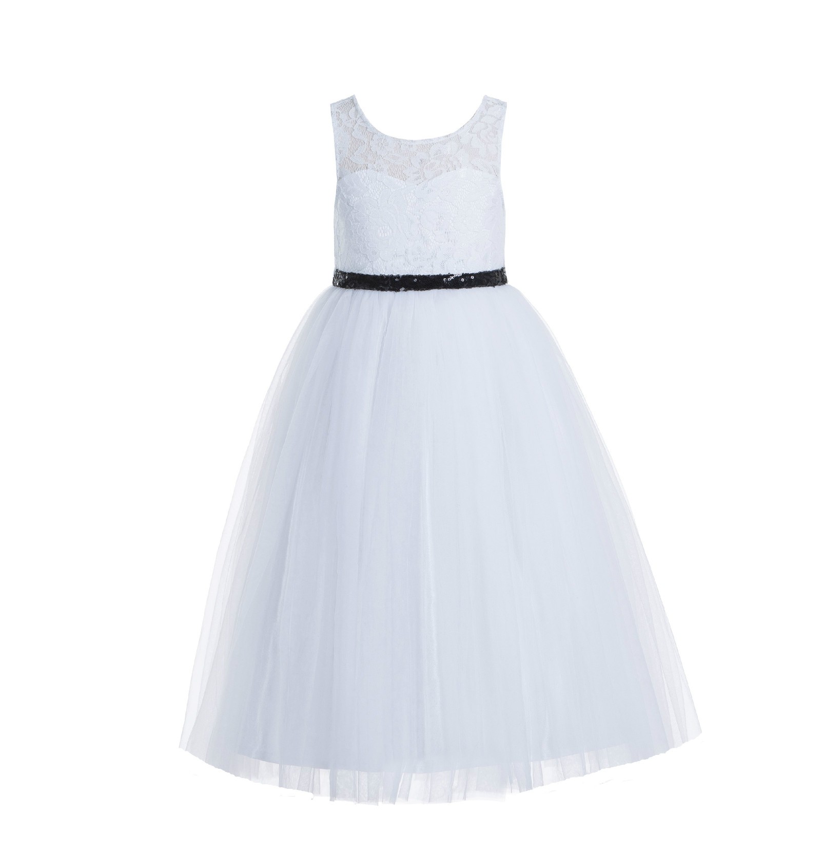 White / Black Lace Tulle Scoop Neck Keyhole Back A-Line Flower Girl Dress 178