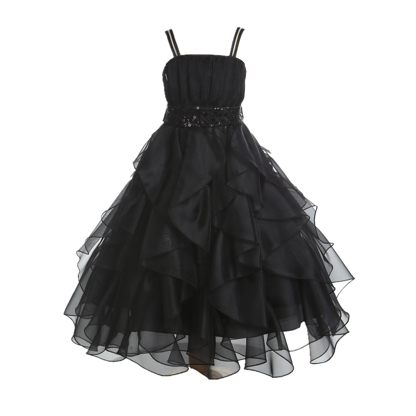 Black Satin Organza Sequin Spaghetti-Straps Flower Girl Dress 009
