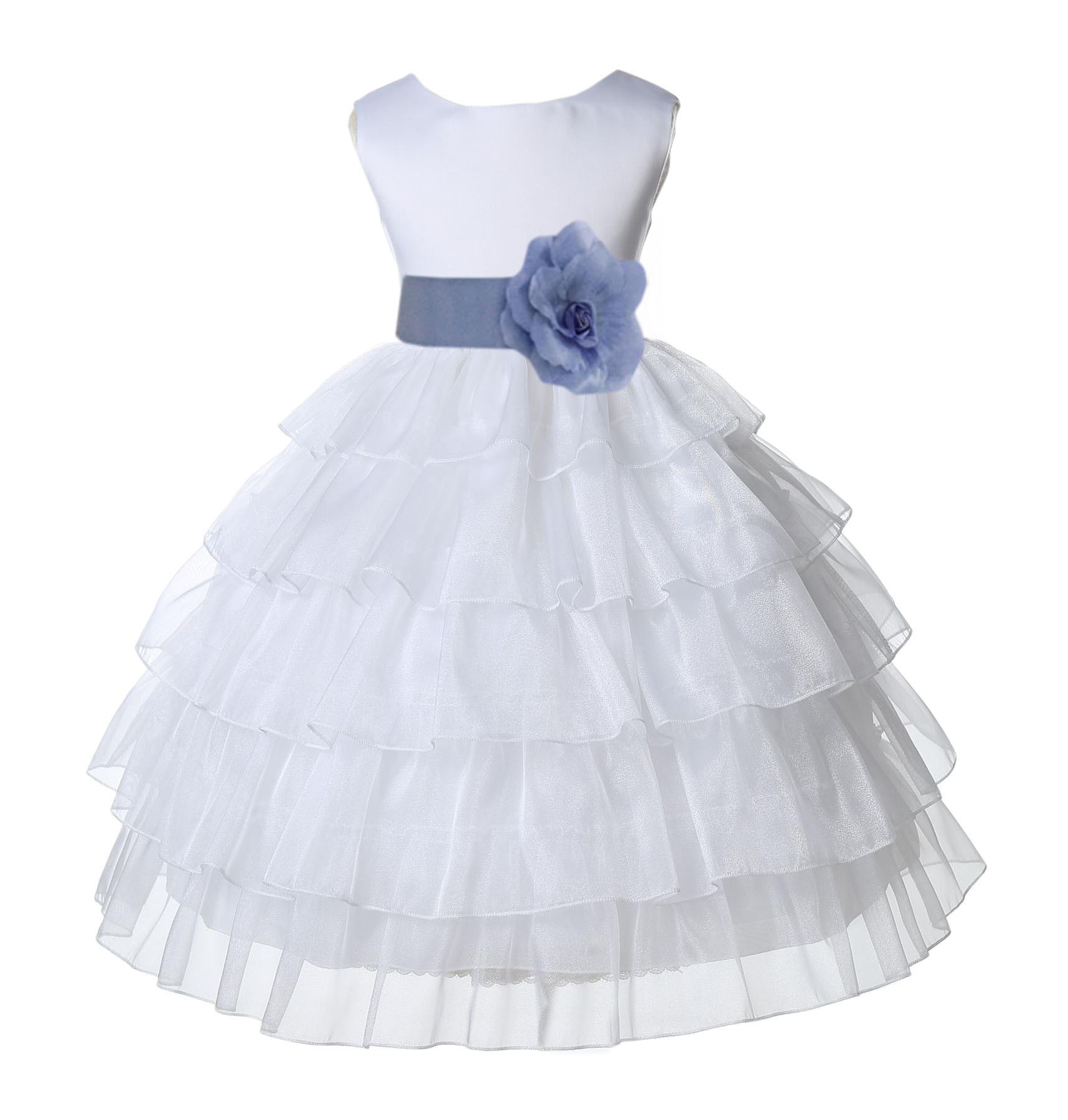White/Bluebird Satin Shimmering Organza Flower Girl Dress Wedding 308S