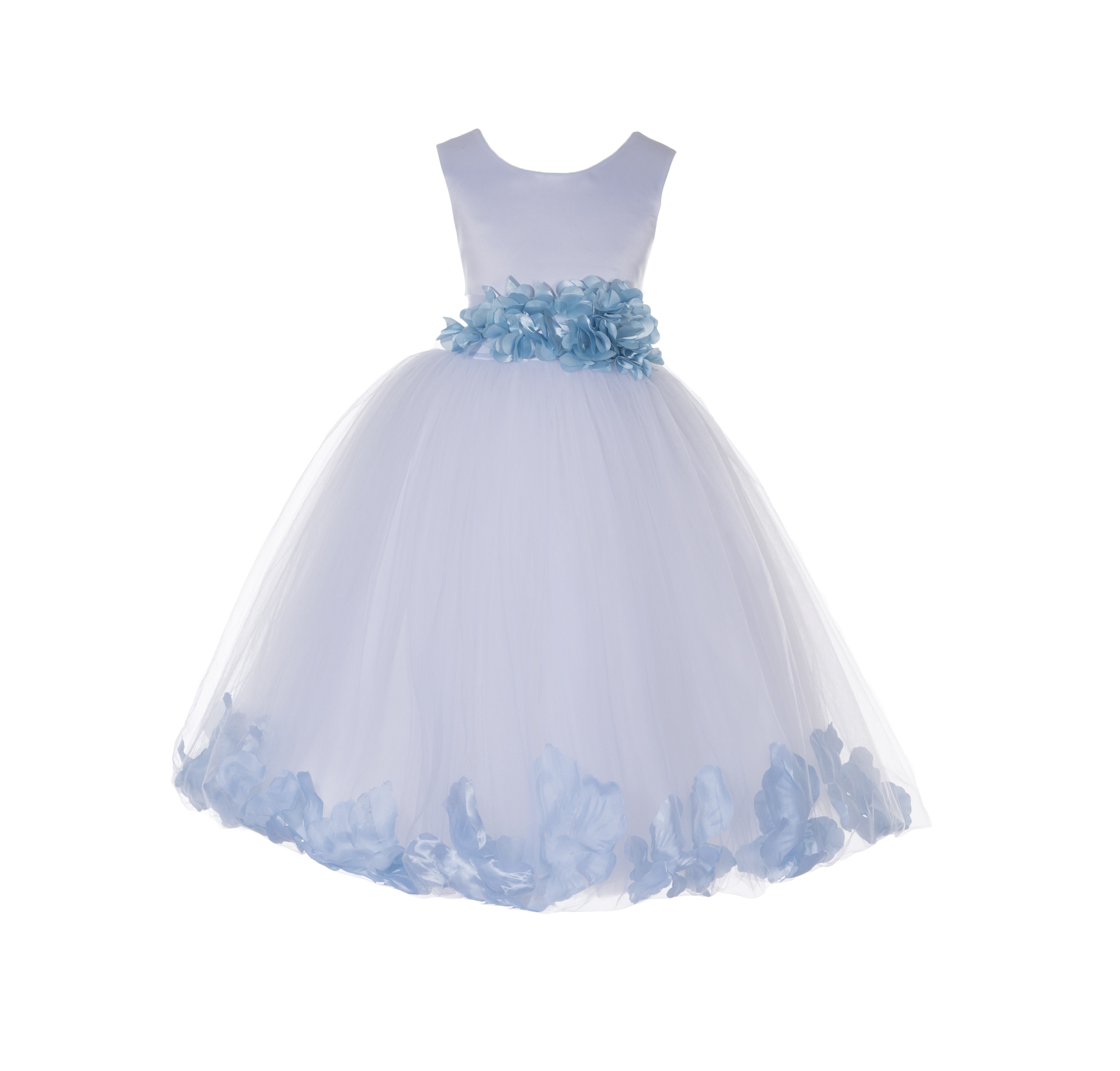 Sky Blue Tulle Ruffly Sash Rose Petals Flower Girl Dress 302P