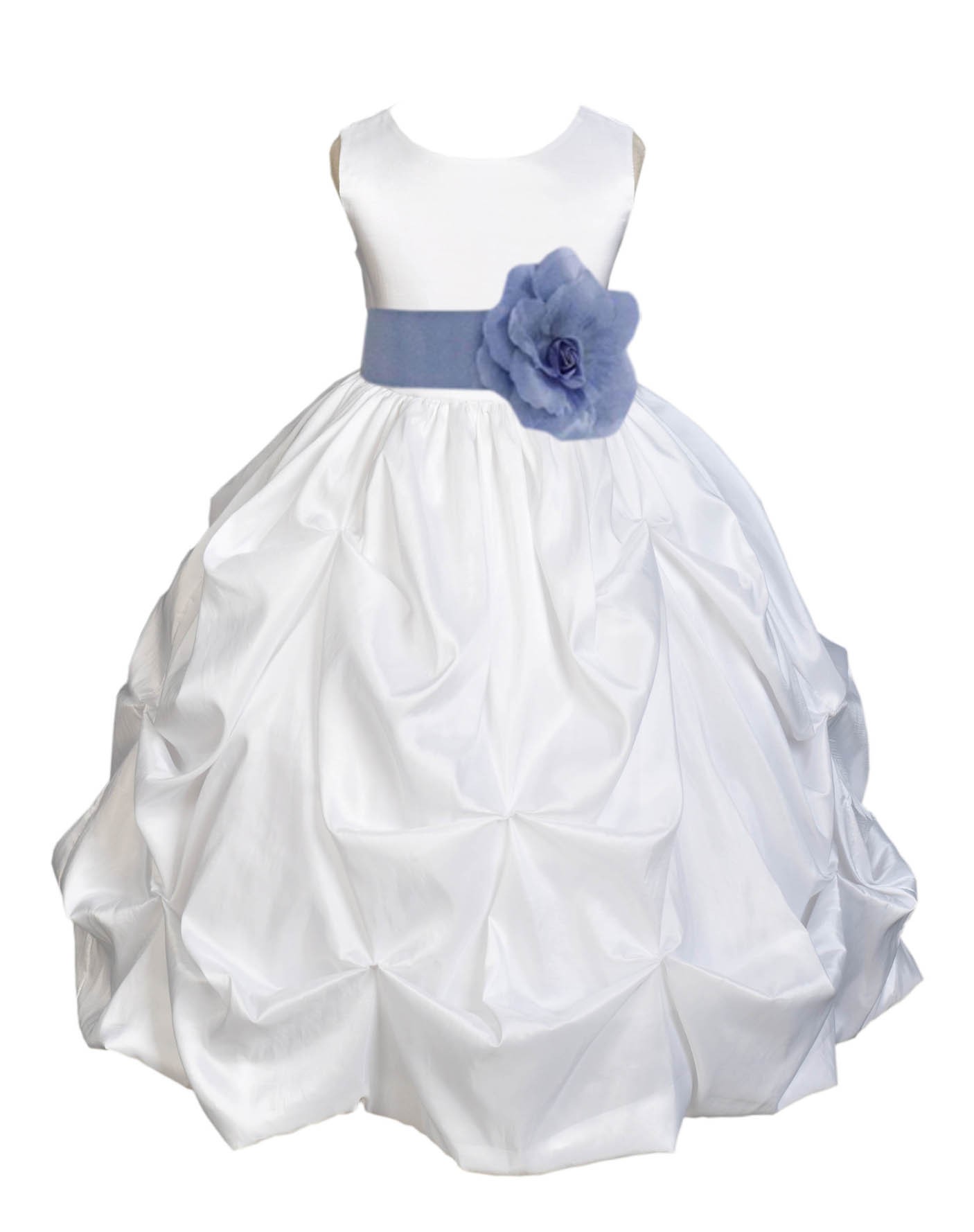 White/Bluebird Satin Taffeta Pick-Up Bubble Flower Girl Dress 301T