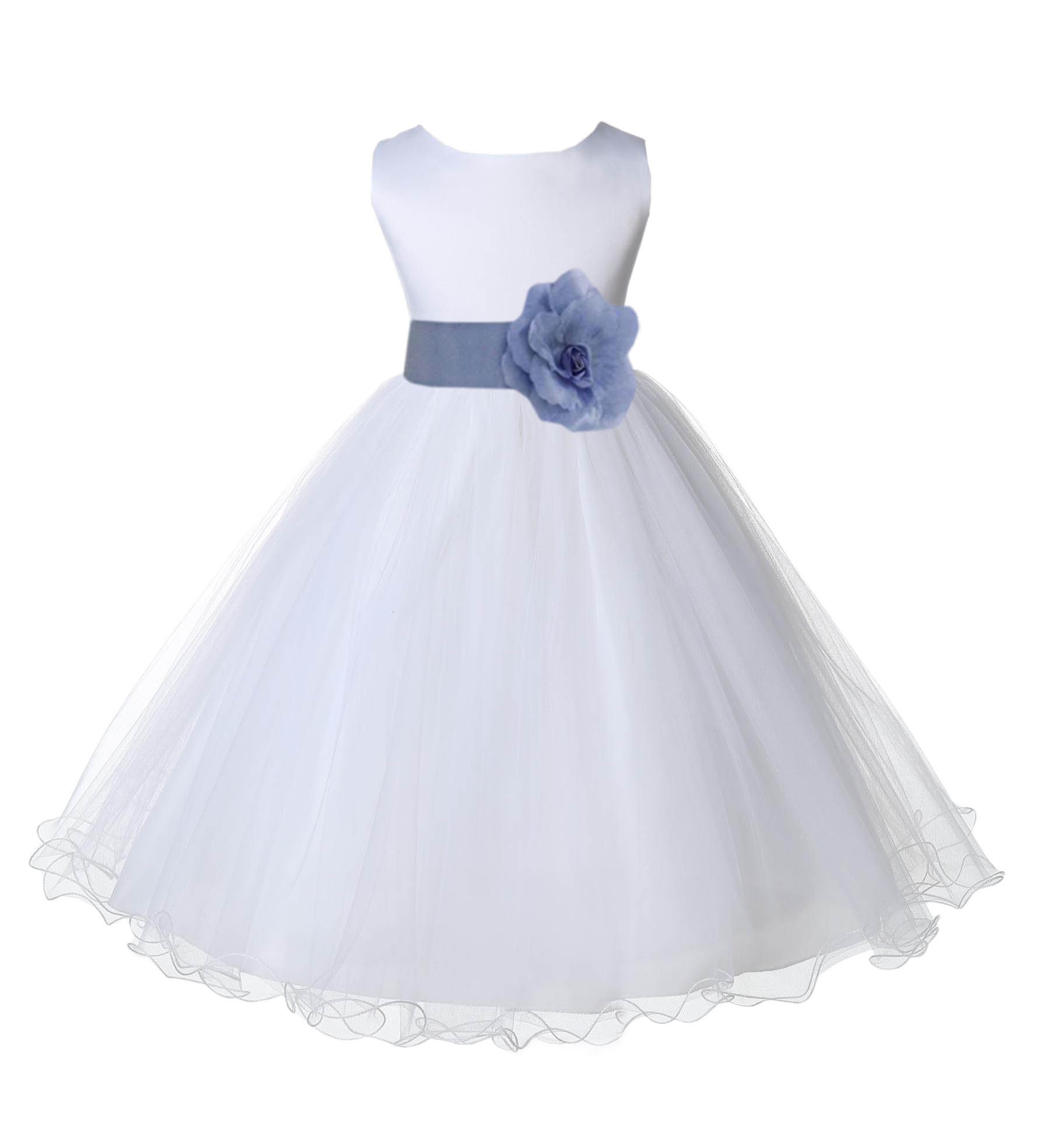 White/Bluebird Tulle Rattail Edge Flower Girl Dress Wedding Bridal 829S