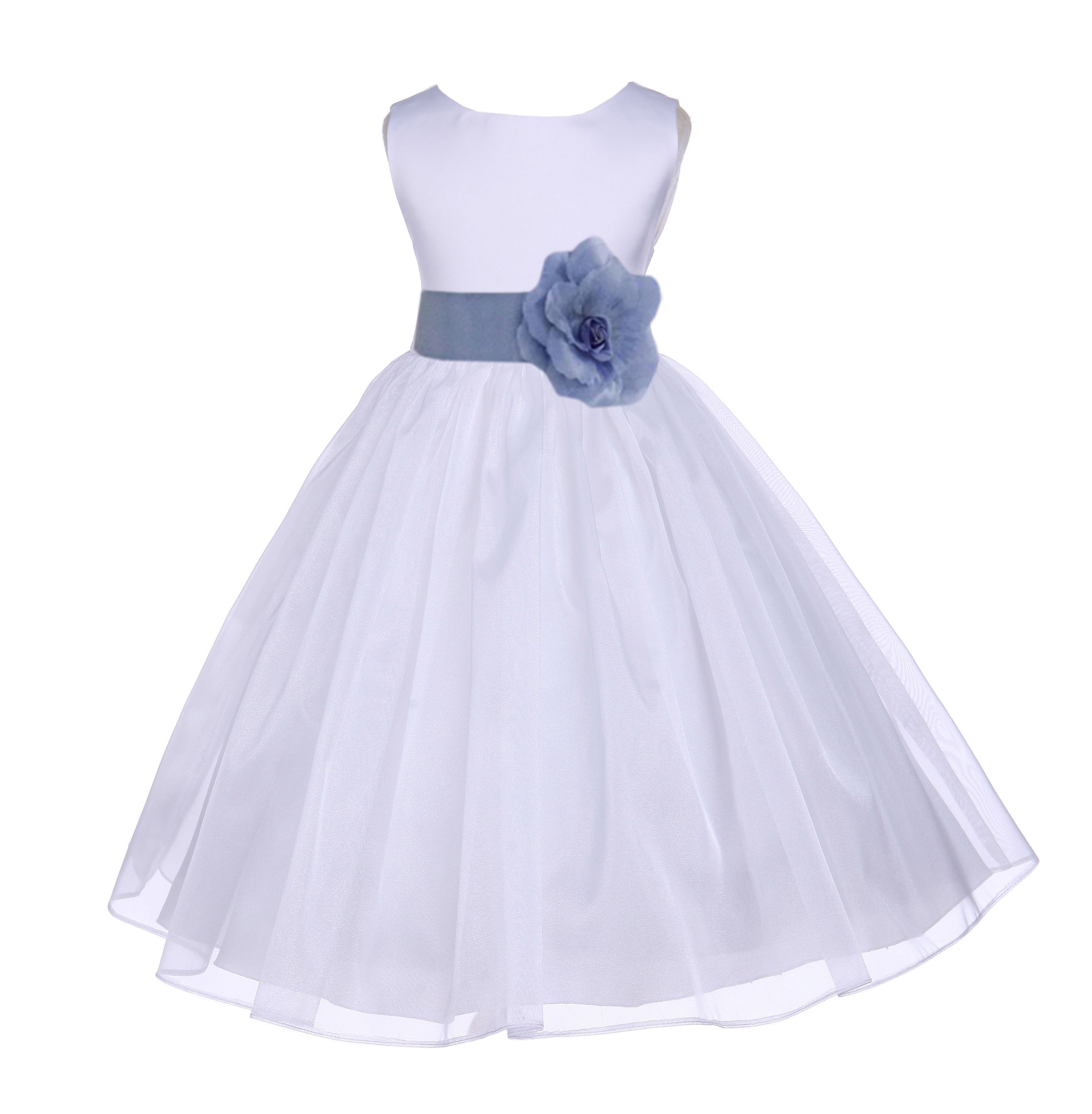 White/Bluebird Satin Bodice Organza Skirt Flower Girl Dress 841T