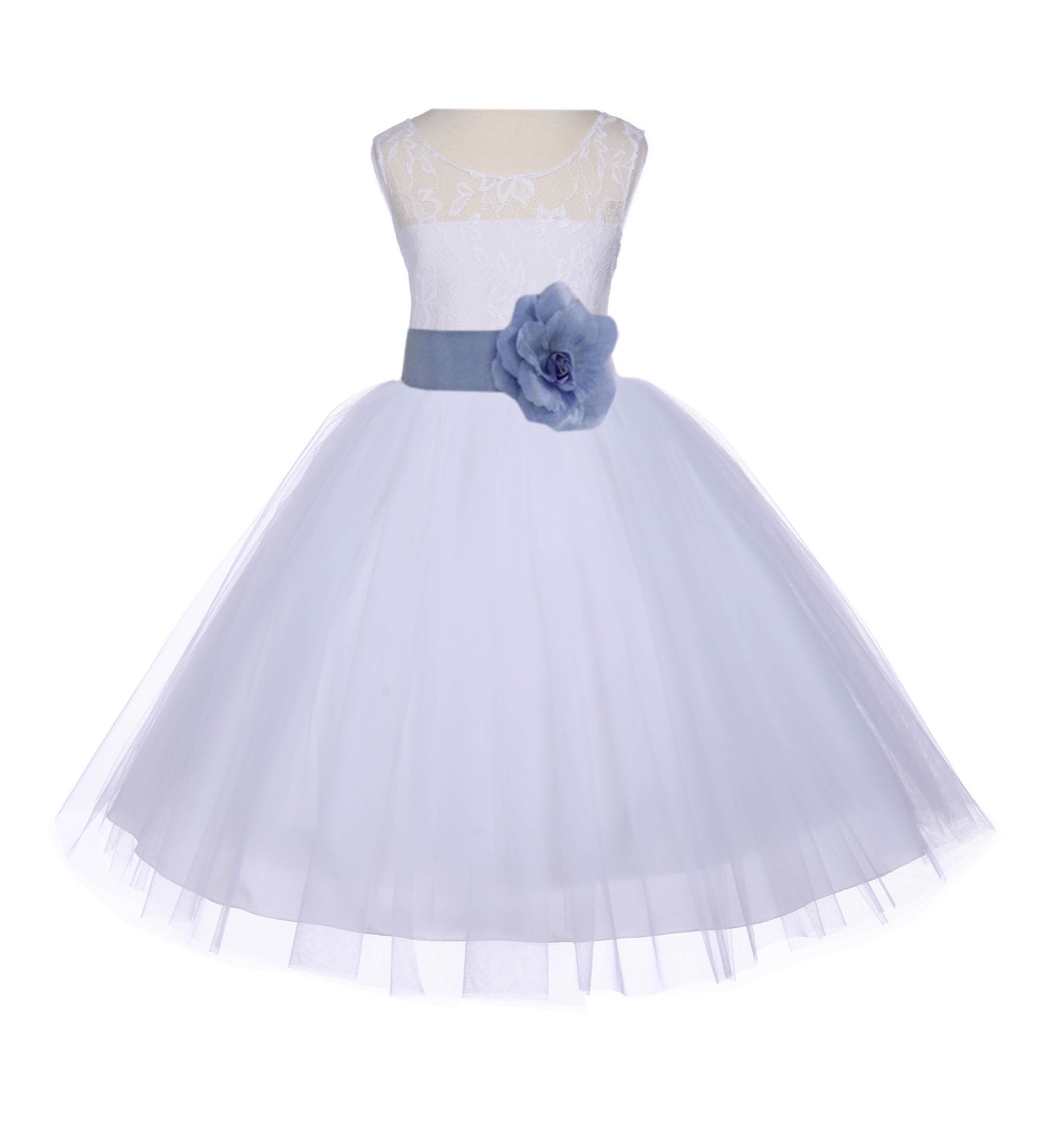 White/Bluebird Floral Lace Bodice Tulle Flower Girl Dress Wedding 153S