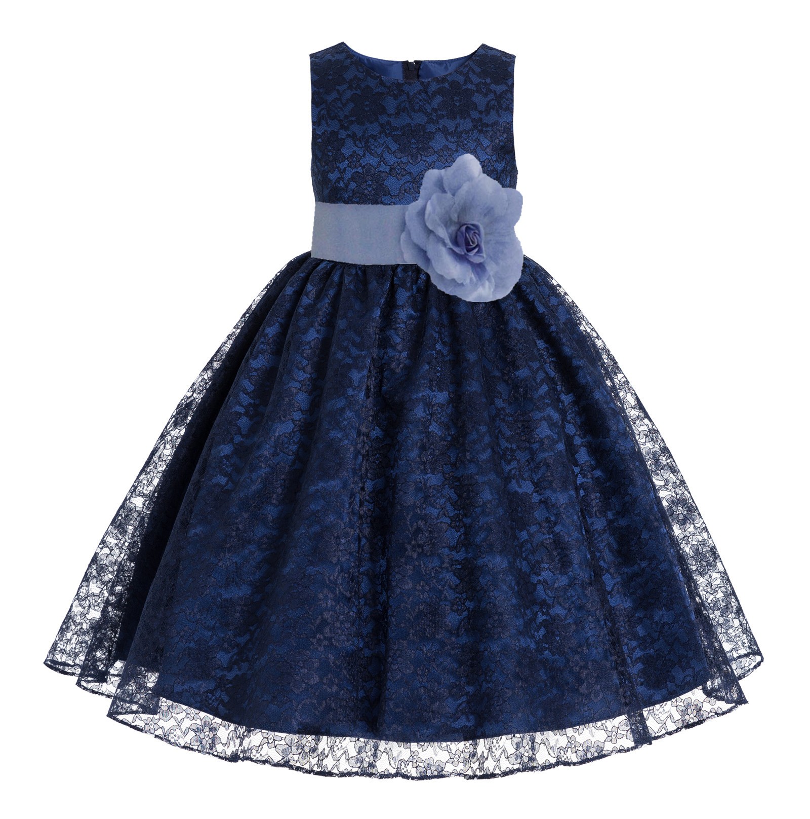 Navy Blue / Bluebird Floral Lace Overlay Flower Girl Dress Elegant Beauty 163T