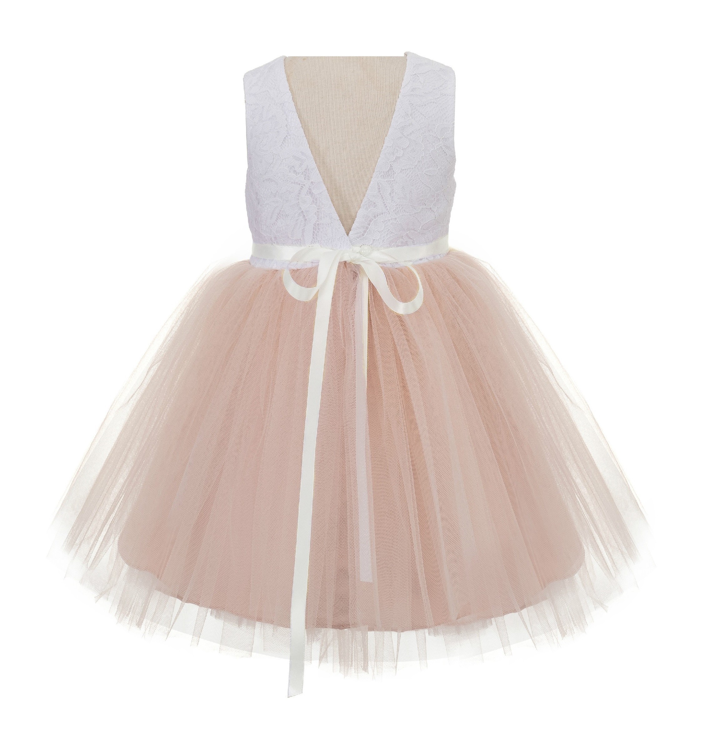 Blush Pink / Ivory Backless Lace Flower Girl Dress Rhinestone 206R3